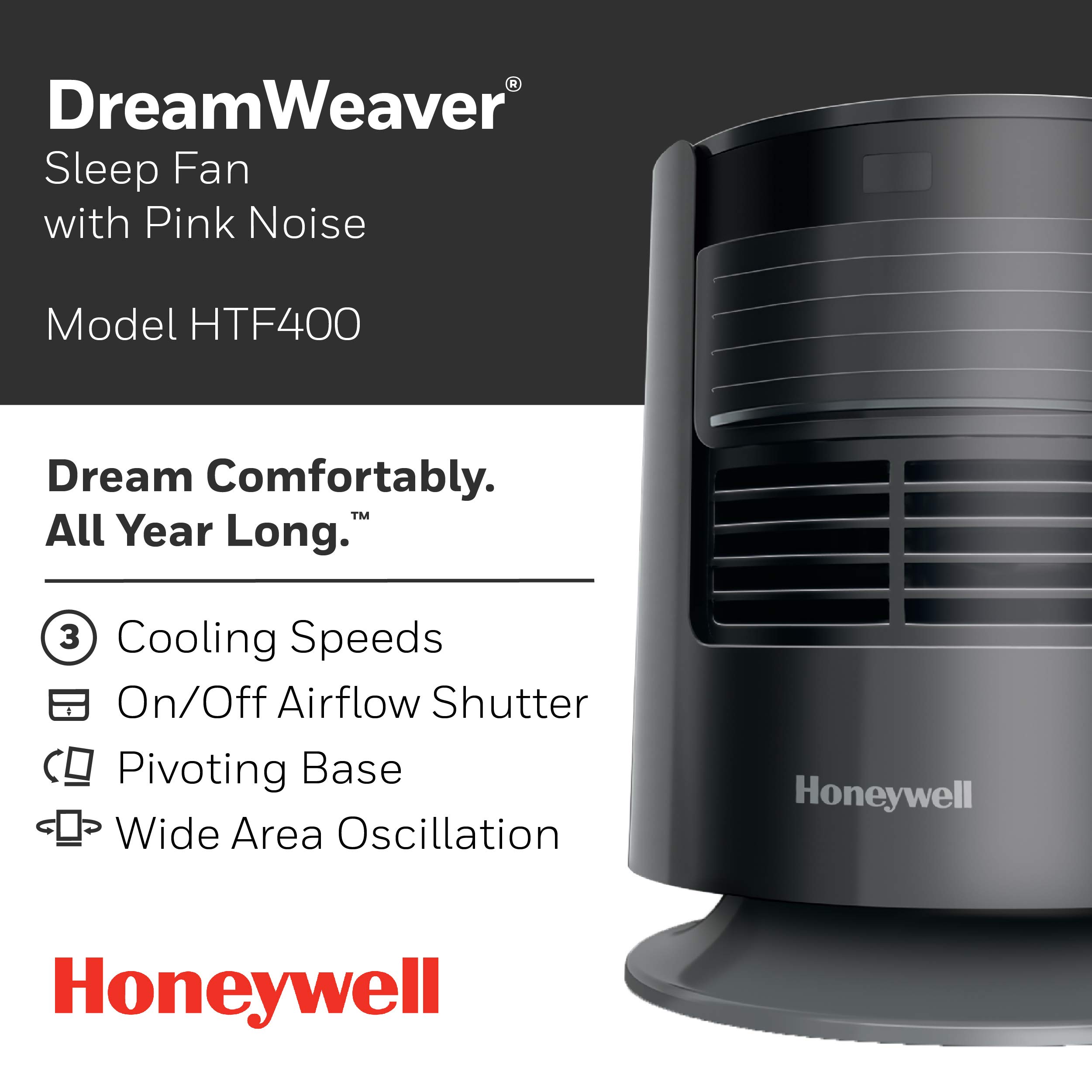 Honeywell Dreamweaver Sleep Black – Personal Fan with Pink Noise – USB Charging Port and On/Off Airflow for Use in Any Season