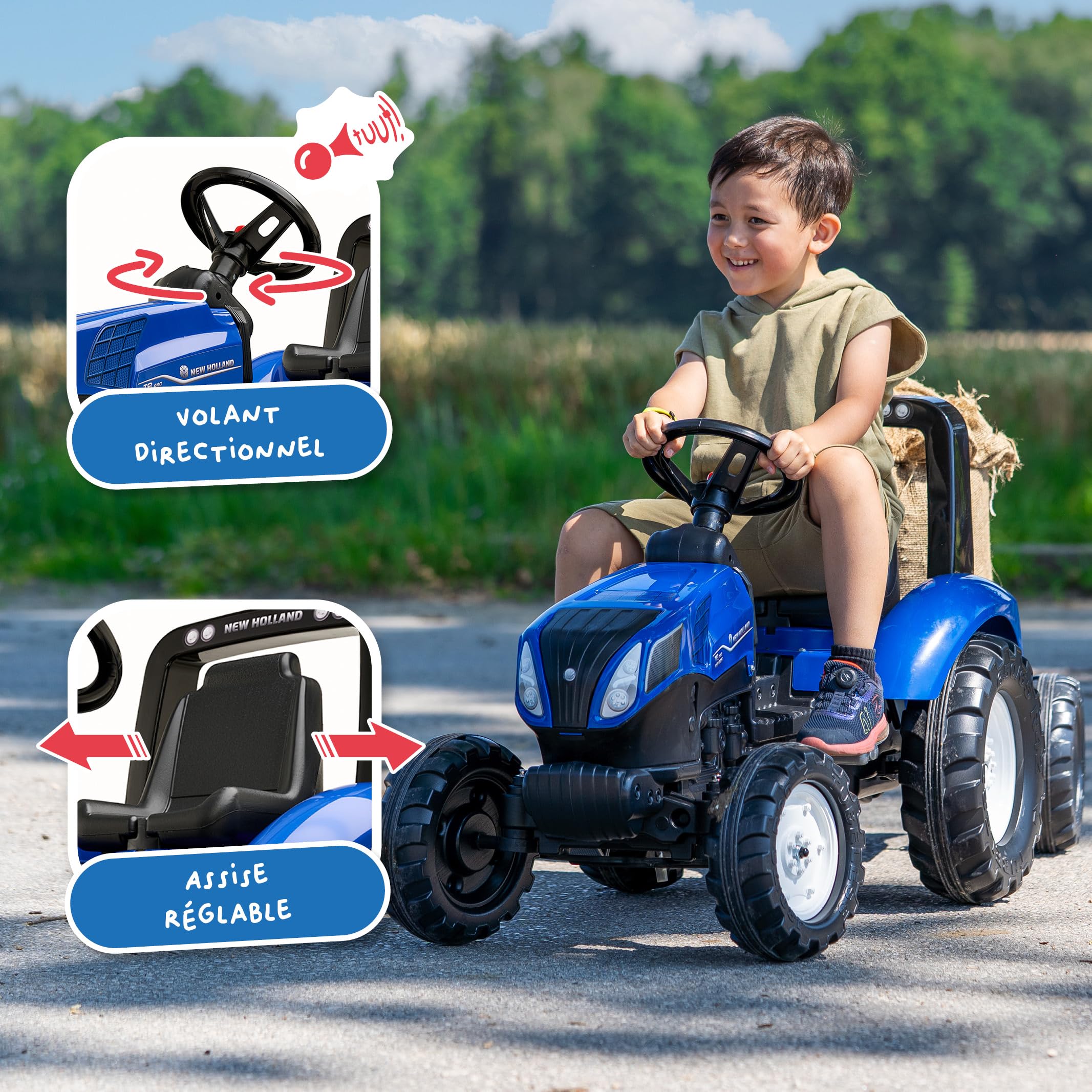 Falk New Holland Traktor pedałowy z przyczepą od 3 lat - Wyprodukowano we Francji kierownica kierunkowa z klaksonem regulowanym-3090B, 3090B