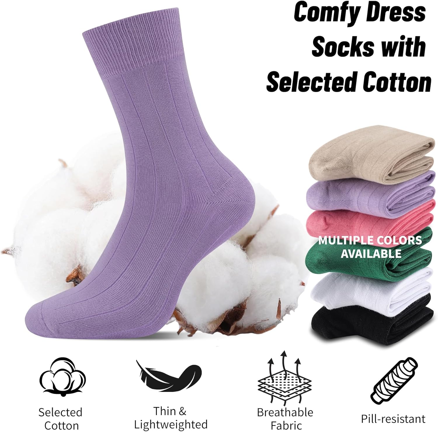Men's Dress Socks Solid Colors Comfy Crew Cotton Dress Socks for Men Thin Lightweight Anti Odor Size 10-13 - Image 4