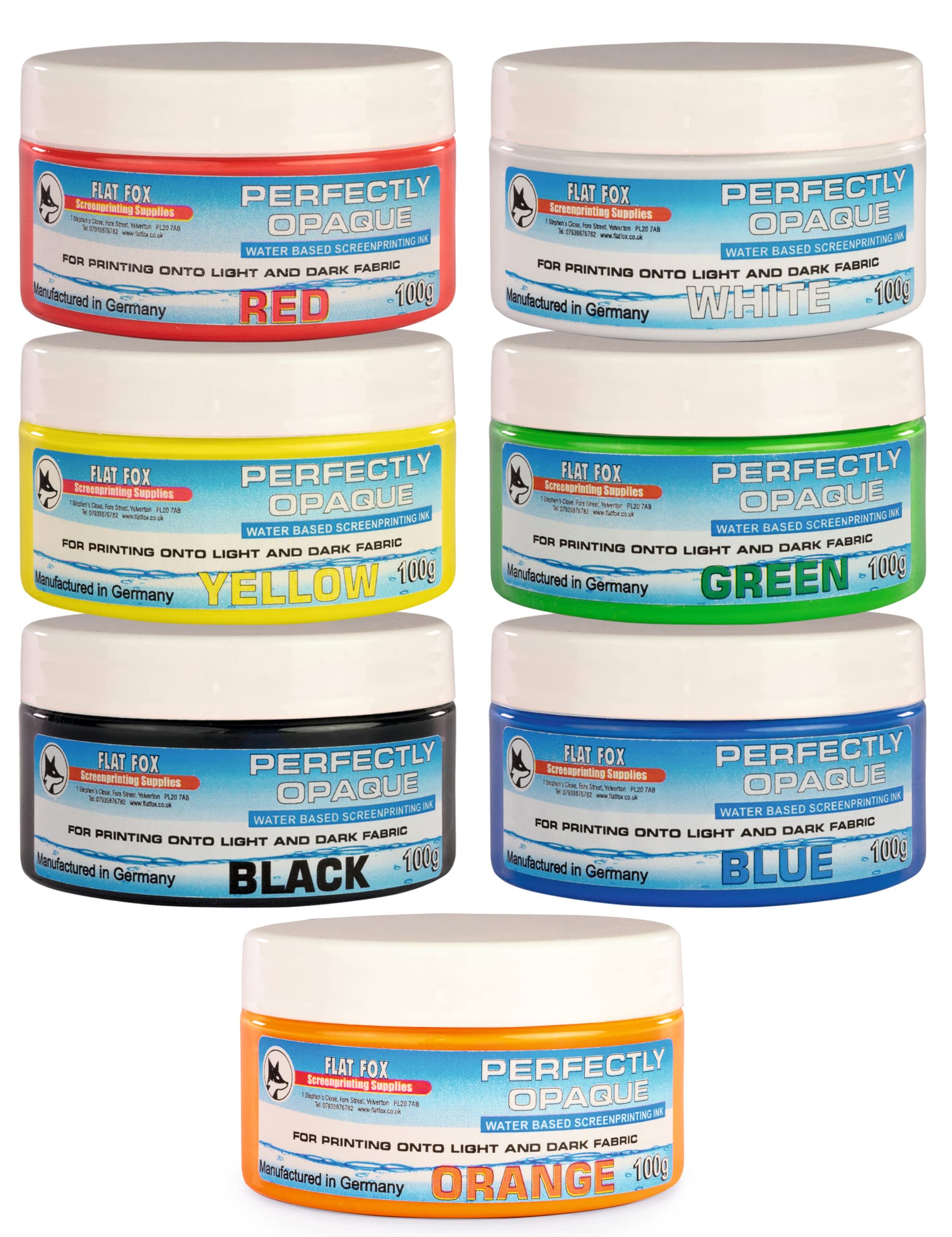 Flat FoxScreen Printing Opaque Water Based Ink 100g Set of 7 Colours