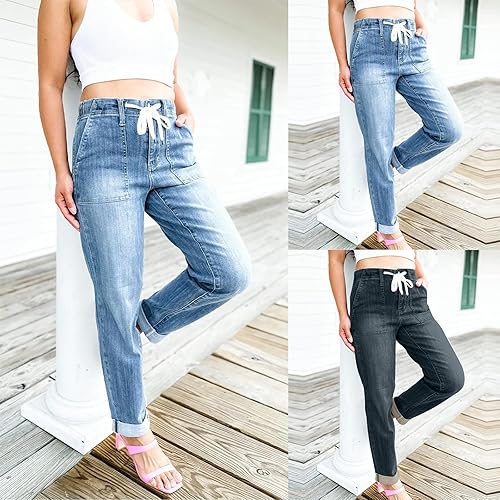 Miniatura 3 de Gumipy Pantalones de mezclilla para mujer, cintura elástica, con cordón, con bolsillo, estilo casual, holgados, pantalones de mezclilla recortados