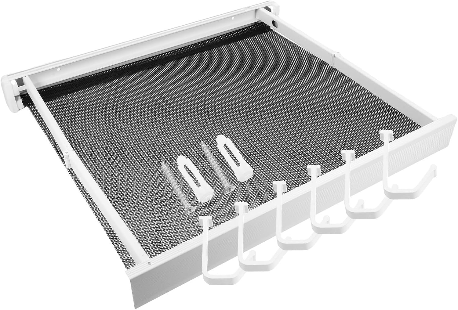 DOITOOL Wall Mounted Foldable Clothes Drying Rack with 6 Hooks, 44cm Retractable Laundry Rack for Shoes Socks and Underwear, White Collapsible Drying Organizer for Small Spaces