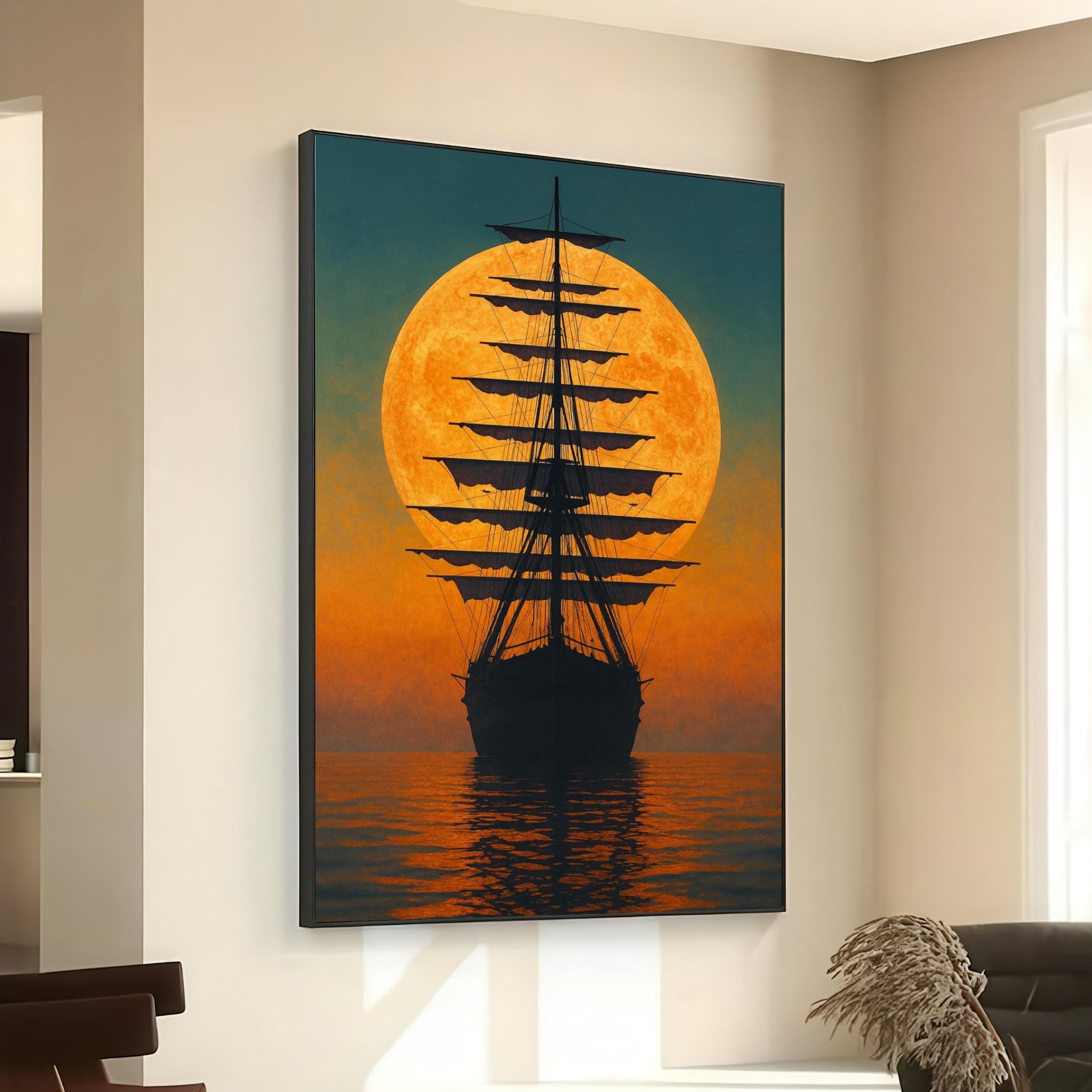 CAOXTART Sailing Ship Canvas Painting, Full Moon Sunset Wall Art, Nautical Silhouette Canvas Print, Ocean Landscape Decor(70x110cm/Frameless)