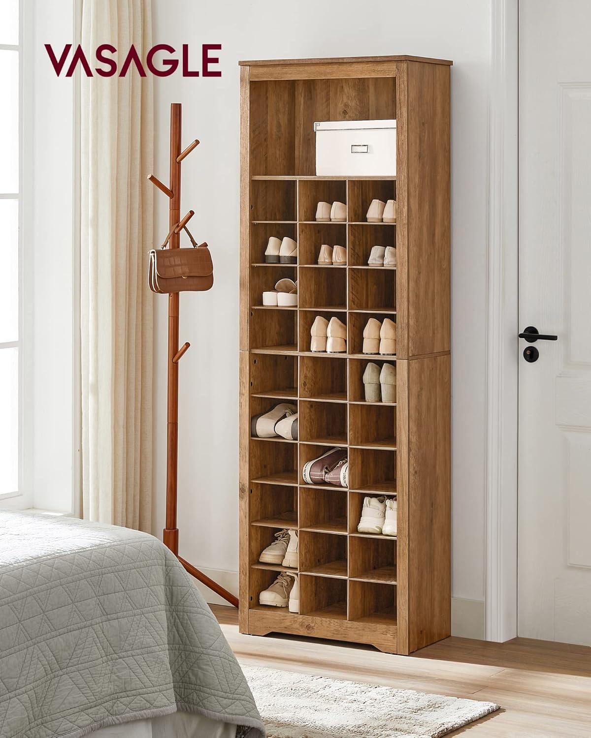 vasagle shoe storage cabinet, 10 tier shoe rack organizer, holds up to 30 pairs of shoes, for entryway bedroom, 12.6 x 24.8 x 73.6 inches, rustic walnut ulbs273t41 shoe rack 12.6"d x 24.8"w x 73.6"h rustic walnut