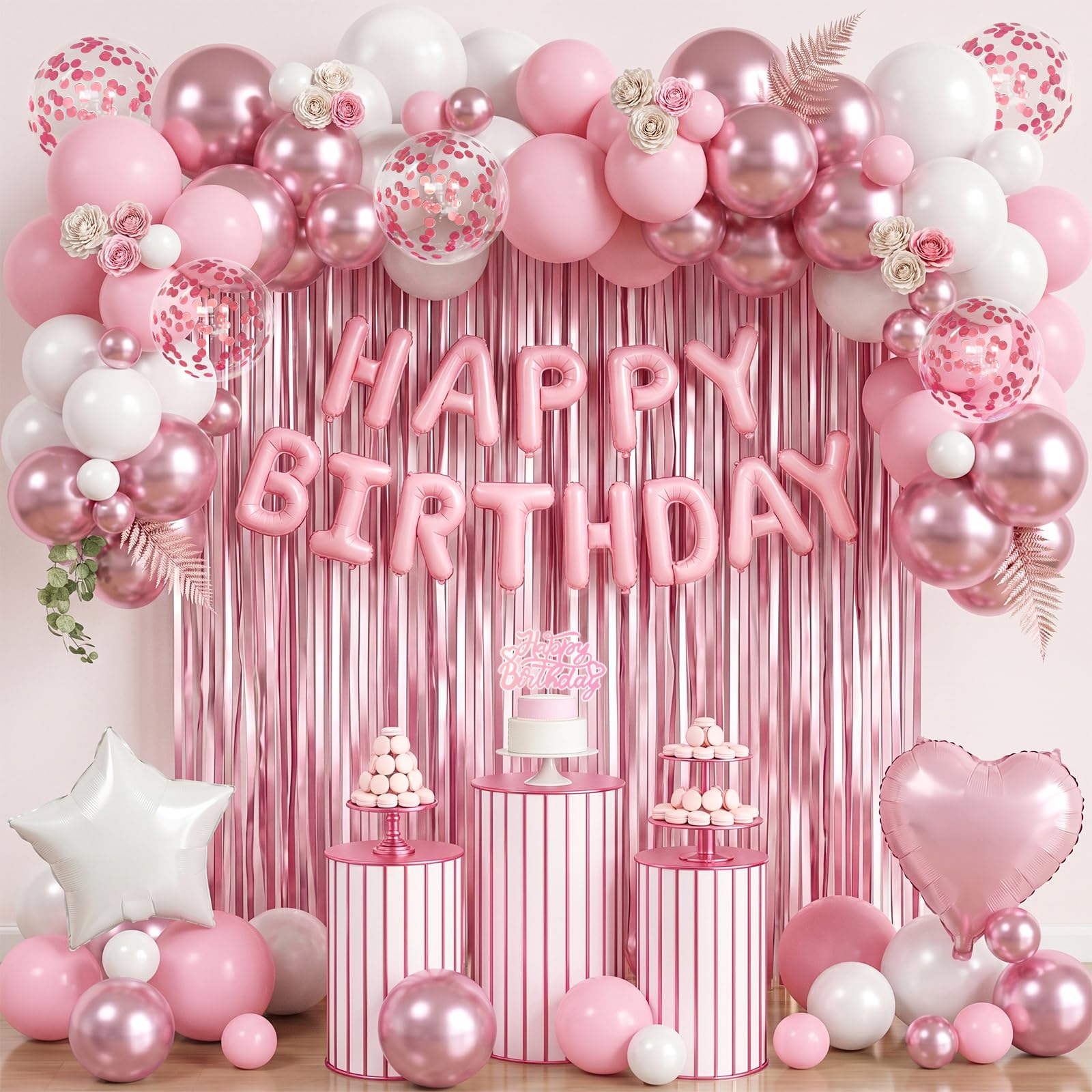 Pink And White Birthday Decorations - White And Pink Happy Birthday Balloons With Banner Balloon,Star Heart Foil Balloons, Cake Topper And Foil Curtain, Laxte And Foil Balloon For Women Girls