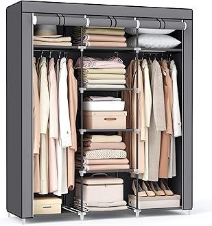 SONGMICS Canvas Wardrobe Bedroom Furniture Cupboard Clothes Storage Organiser Gray 175 x 150 x 45 cm RYG12G, Gery