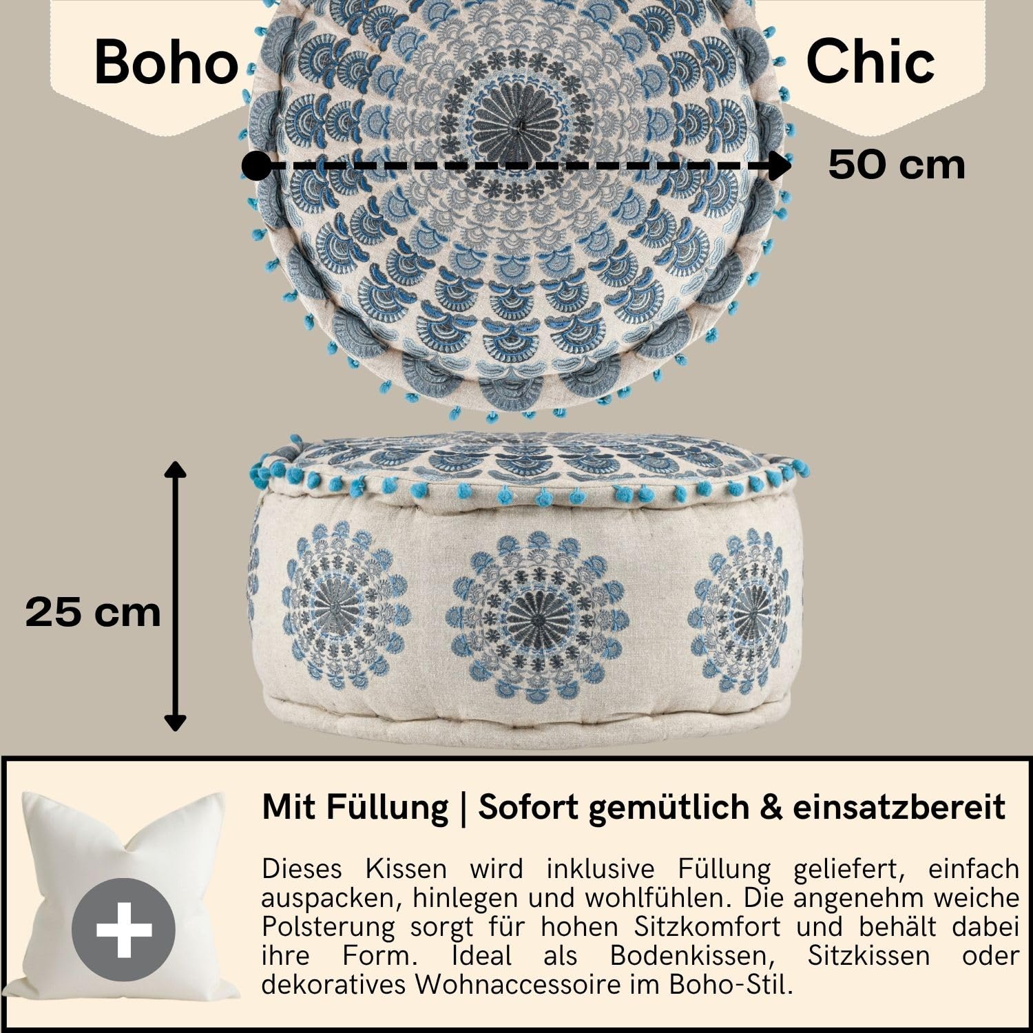 Boho Pouf Garet handgefertigt aus Baumwolle in Blau 50 cm handgemacht