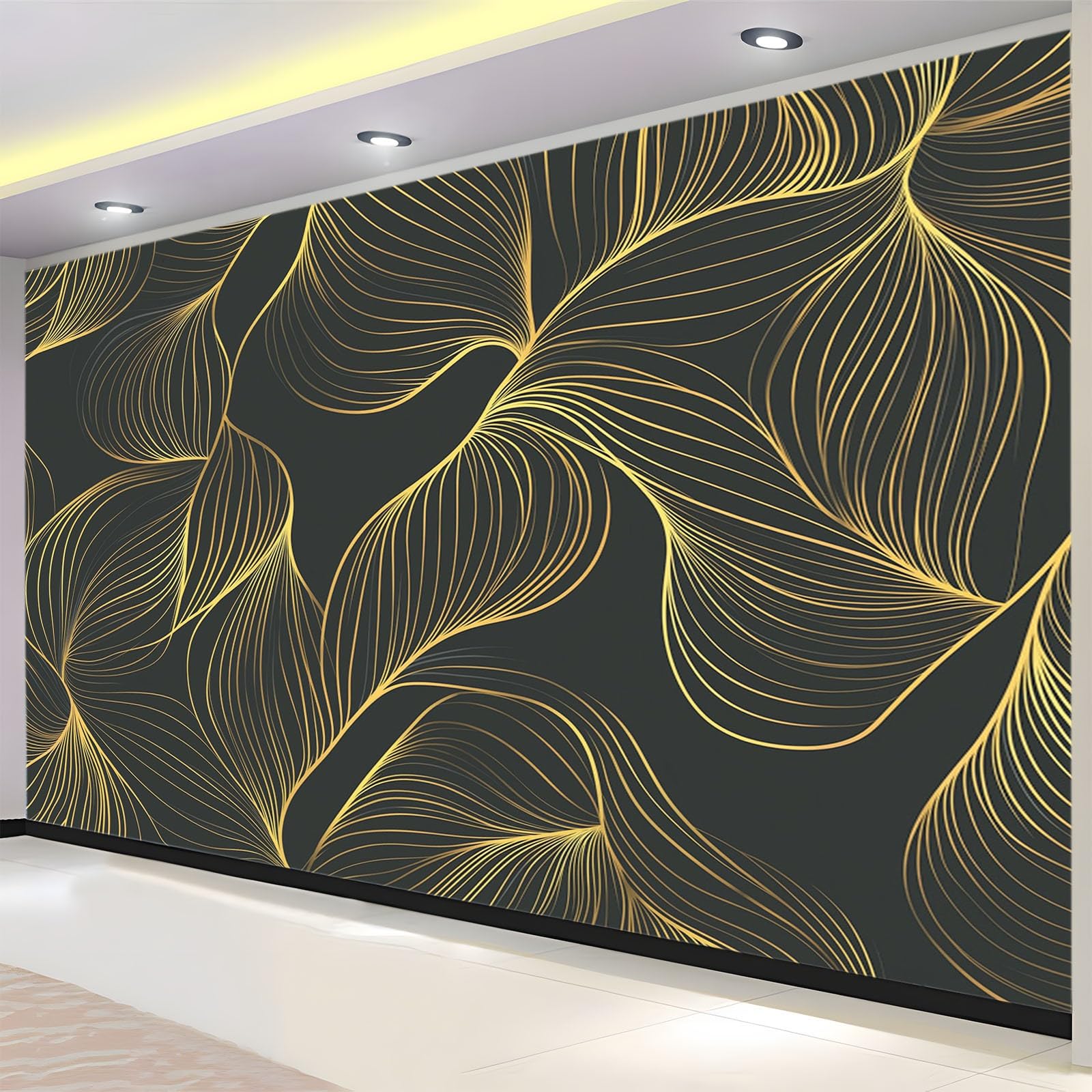 Tapeta 3D, geometryczne, złote rysunki liniowe, 350 x 256 cm, tapeta na flizelinie, tapeta ścienna, druk 3D, fototapety, do salonu, sypialni, tapeta z motywem