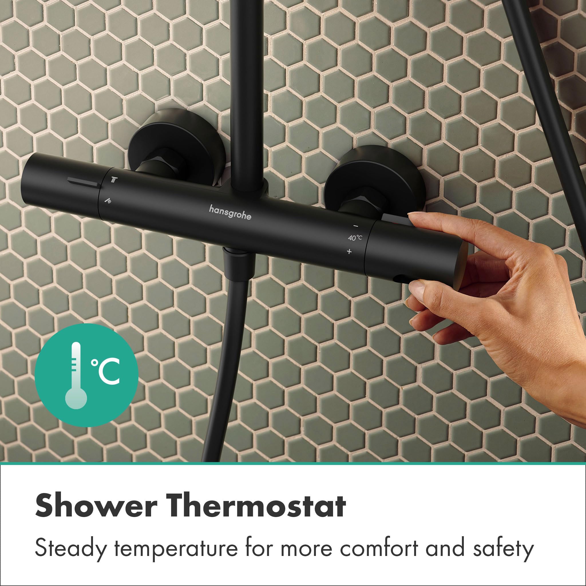 hansgrohe Activera Q - sistema de ducha max. 8 l/min (EcoSmart) con termostato, ducha lluvia (290 x 180 mm) con grifo, ducha de mano, flexo, barra, ducha fija, negro mate, 28748670