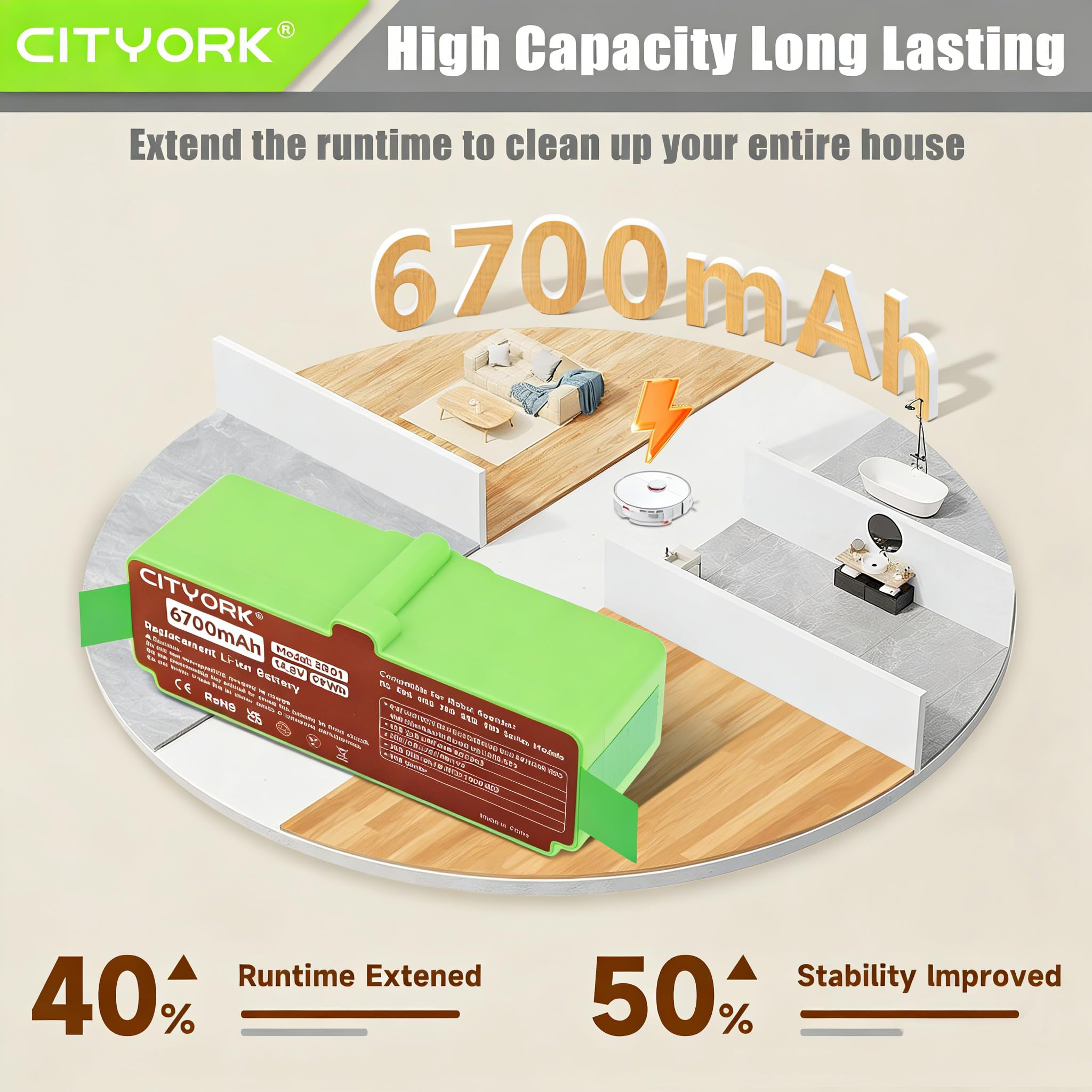 CITYORK 6700mAh Li-ion Batería para iRobot Roomba 980 981 985 960 968 971 976 966 965 900,880 896 895 890 891 800, 690 695 680 676 675 650 630 615 606,780 770 760 776,560 551 500 iRobot Roomba Bateria