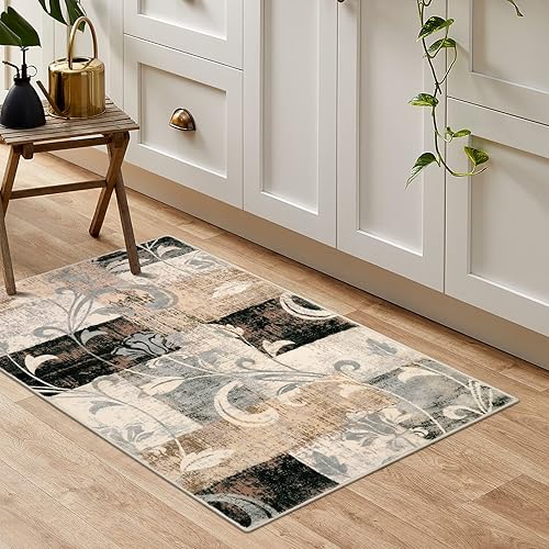 Miniatura 7 de Lahome Alfombra moderna geométrica pequeña, lavable, suave, de 2 x 3 pies, para entrada, antideslizante, diseño de retazos florales, envejecida,