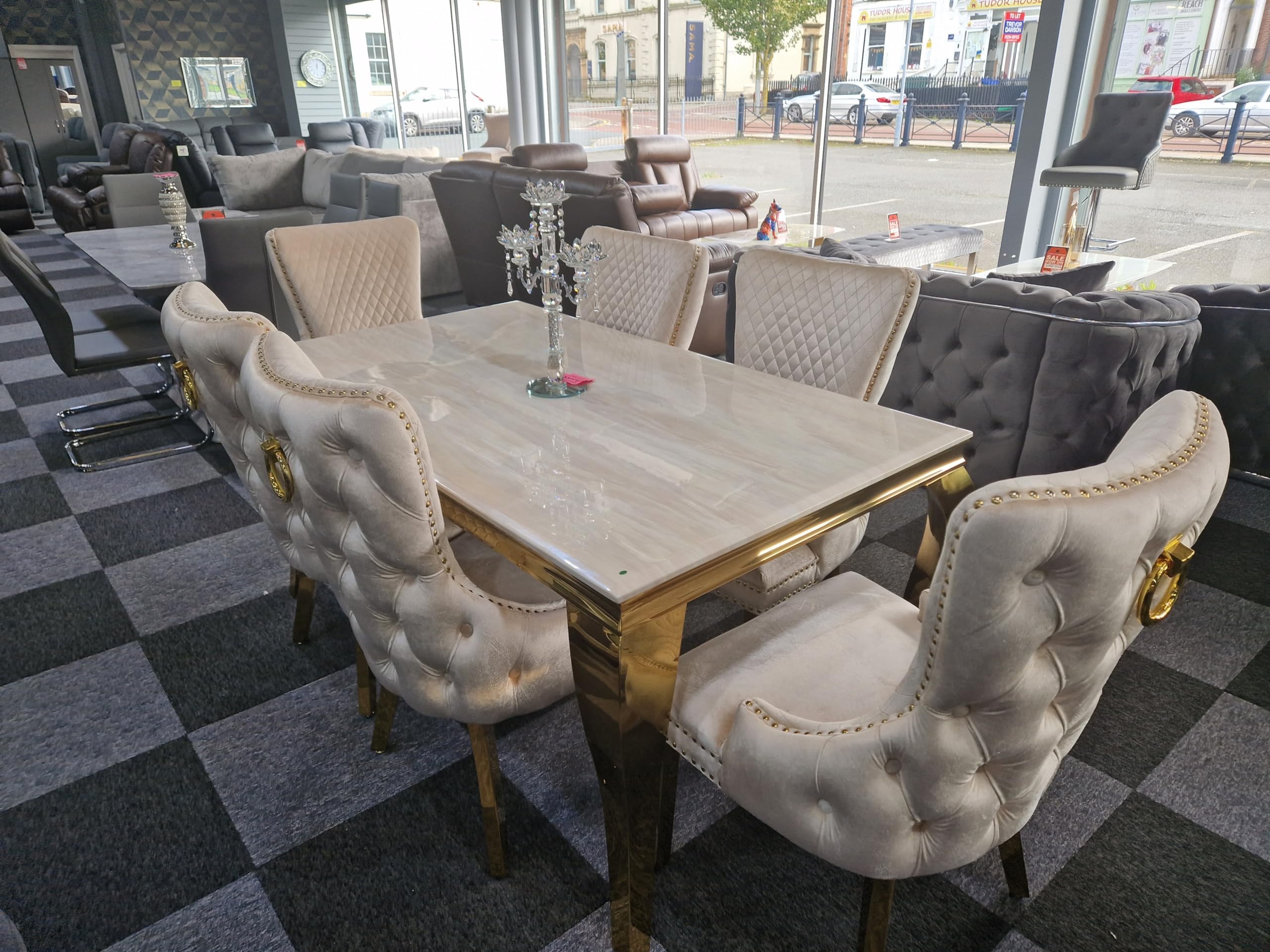 Sofia Cream & Gold Marble 1.6m Dining Table with 6 Victoria Cream