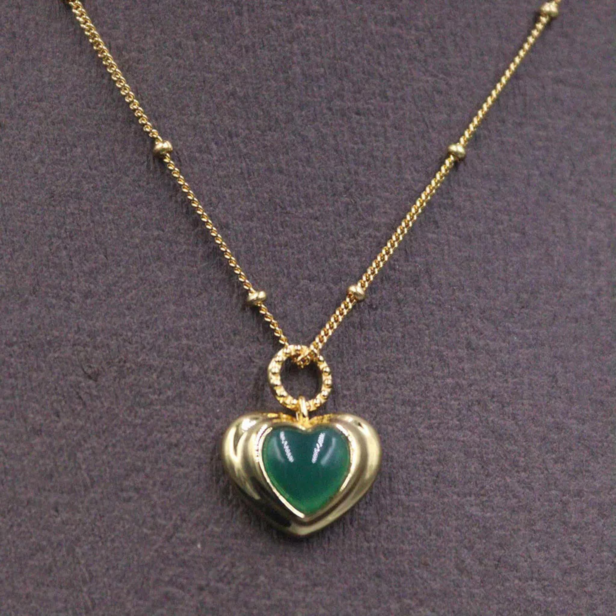 Collier en Argent véritable S925 avec Pendentif en Forme de cœur en Agate Verte