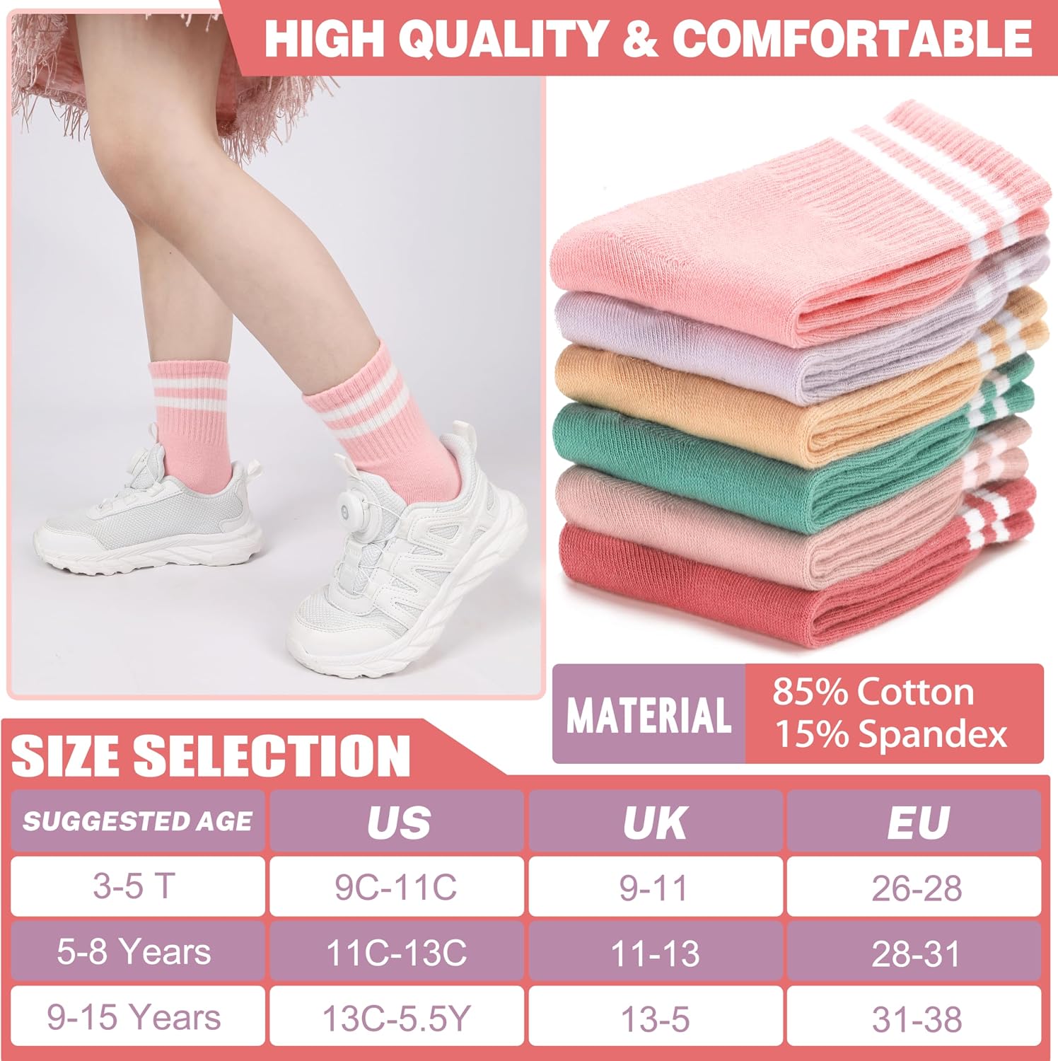 Kids Girls Athletic Sport Socks Basketball Outdoor Cotton Crew Breathable Socks 6 Pairs