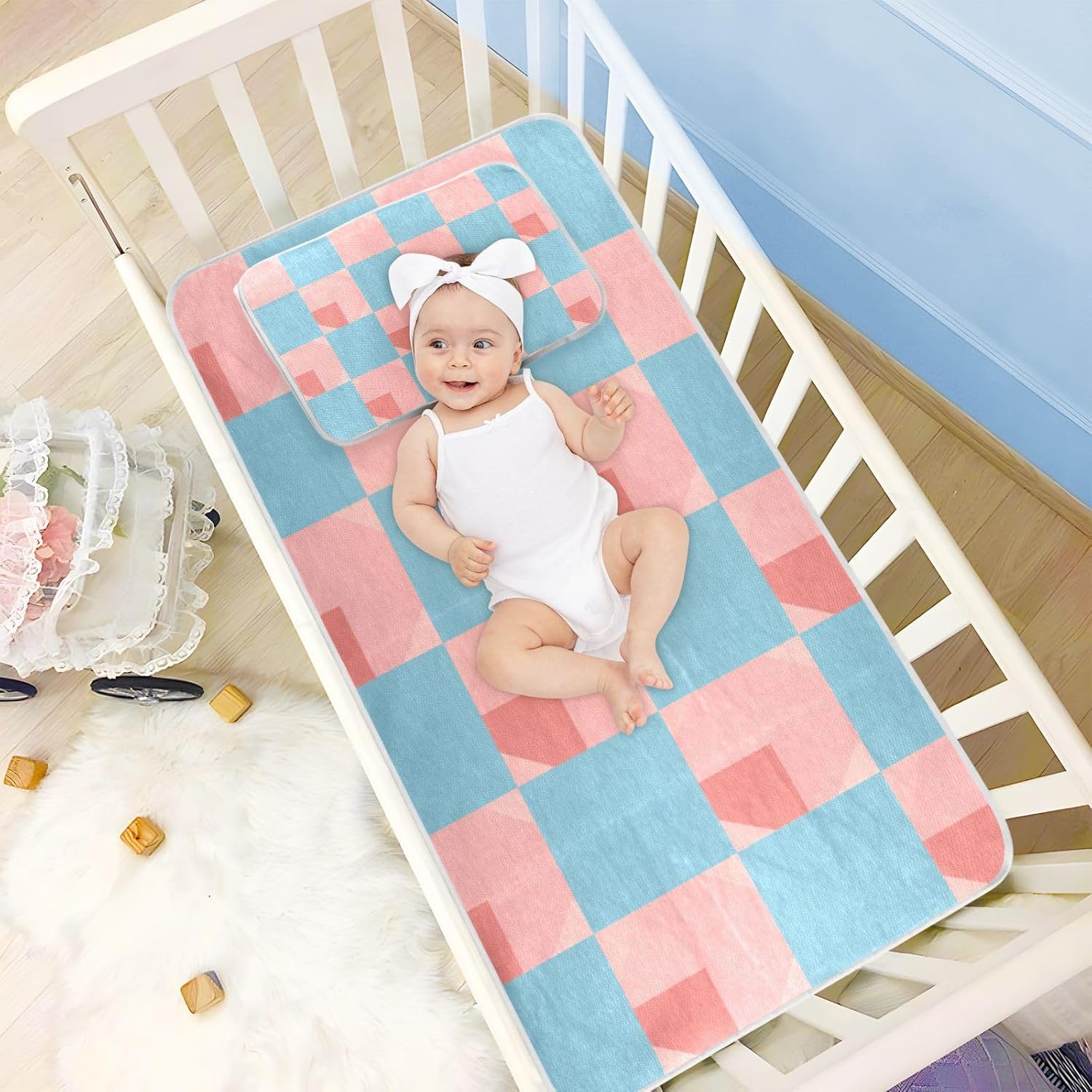 Light Blue and Blush Checkered Pattern Cooling Baby Mattress pad Waterproof 28" x 52" Reusable Mattress pad for Baby&Toddler