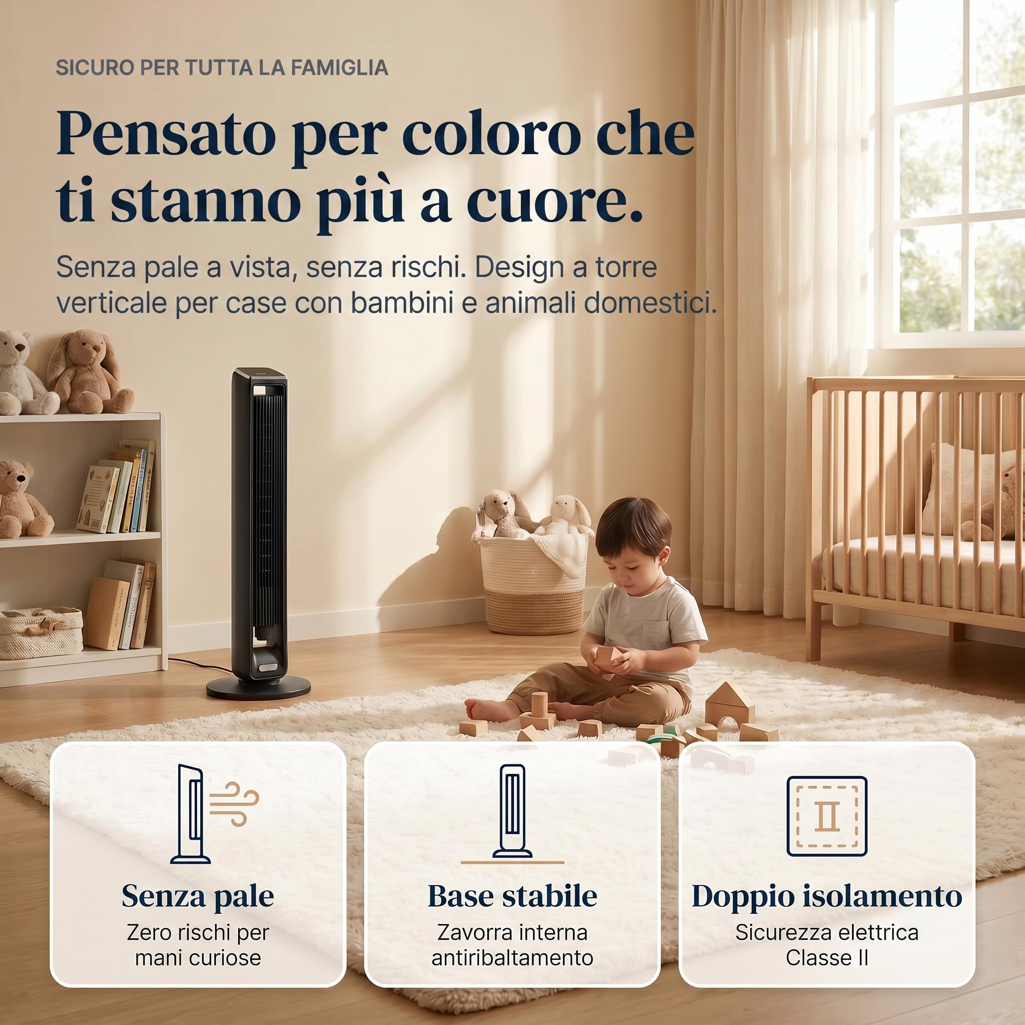 Ventilatore a torre (107 cm), 19 dB, velocità fino a 8.2 m/s, display LED touchscreen, telecomando, 3 velocità, timer da 15 ore, oscillazione di 85°, silenzioso, raffreddamento rapido