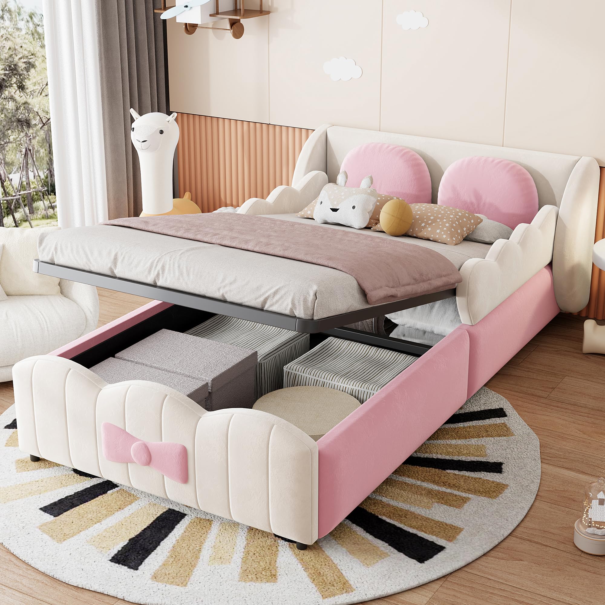 Cama Canapé 90x200 con Almacenamiento Integrado Cama Tapizada con Elevación Hidráulica Single Bed con Dos Cojines Decorativos sin Colchón Tapizado de Terciopelo para Vivienda Beige