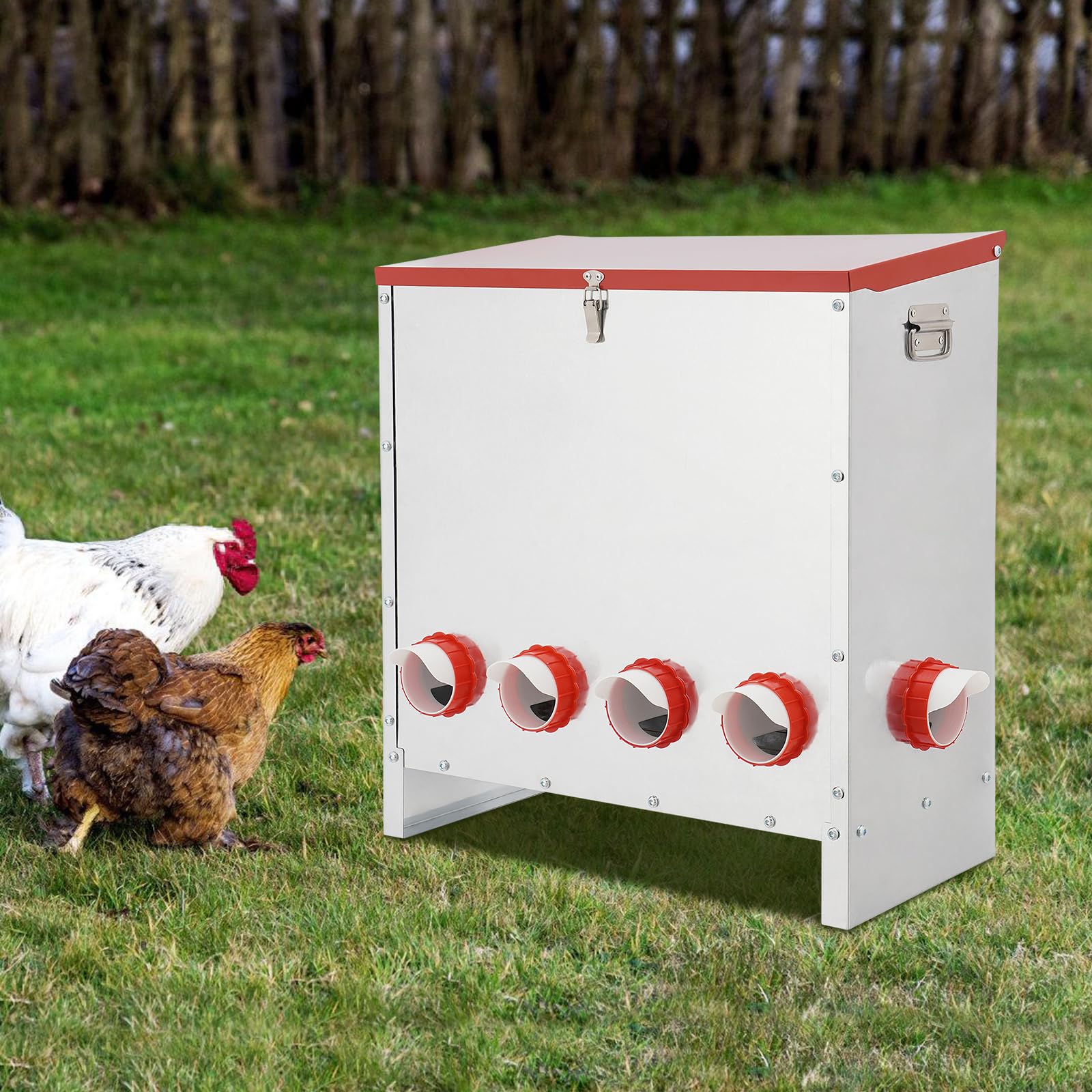 Alimentador de aves de corral galvanizado de gran capacidad, automático para pollos y patos, sin diseño de residuos, para alimentar hasta 10 pollos o pavos al aire libre con tapa (30 kg)