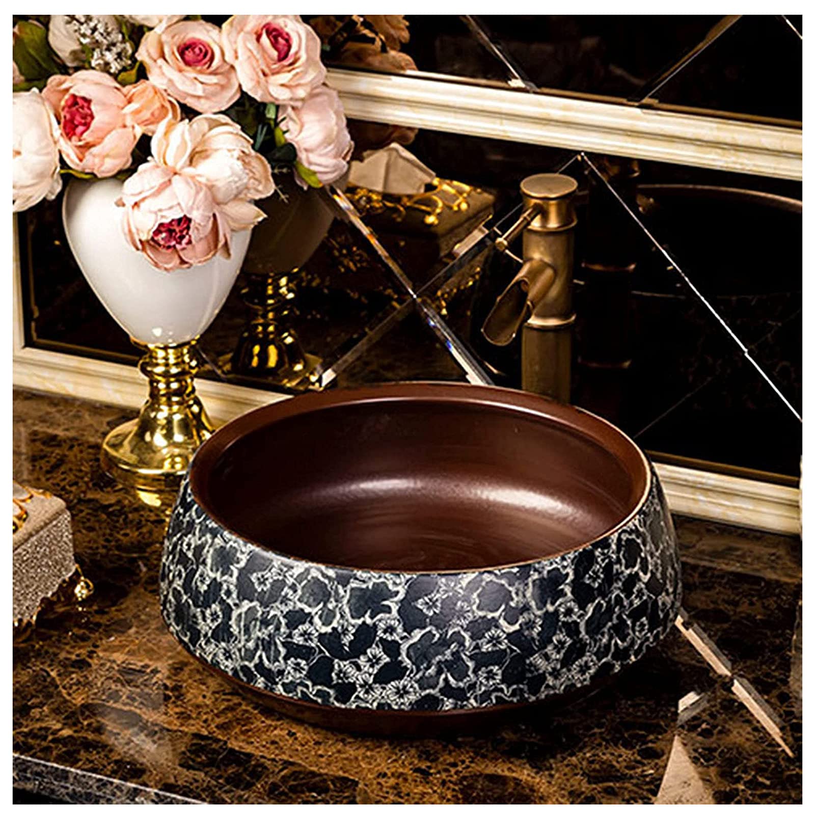 Ceramic Above Counter Vessel Sink - Hand Engraved Retro Design for Bathroom Vanity