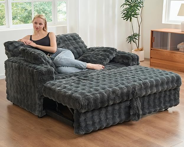 Belffin Upholstered Chaise Lounge Chair Indoor Pull Out Sofa Bed Couch with Pillows Sleeper Couch Plush Corduroy Pull Out Sleeper Chair for Living Room (Grey) - Grey