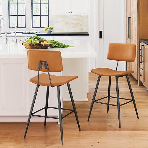 Miniatura 81 de Juego de 2 taburetes de bar de altura de mostrador de 24.5 pulgadas, taburetes de bar tapizados de piel sintética negra con reposapiés trasero y