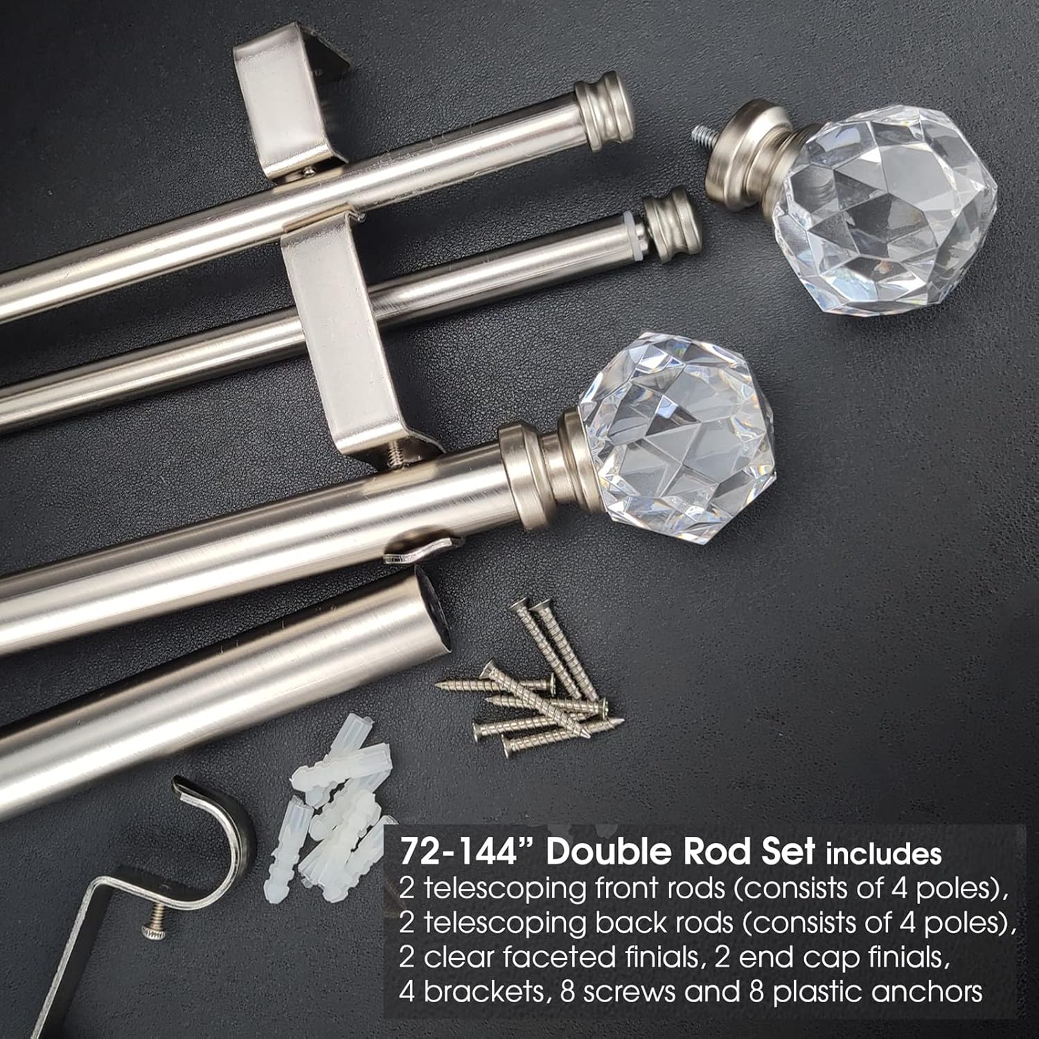 Double Curtain Rod Set:1-1/8 Inch Diameter Luxury Silver Curtain Rods, 72-144 Inches Adjustable Silver Drapery Rod with Crystal-clear Faceted Finials for 1 Pack