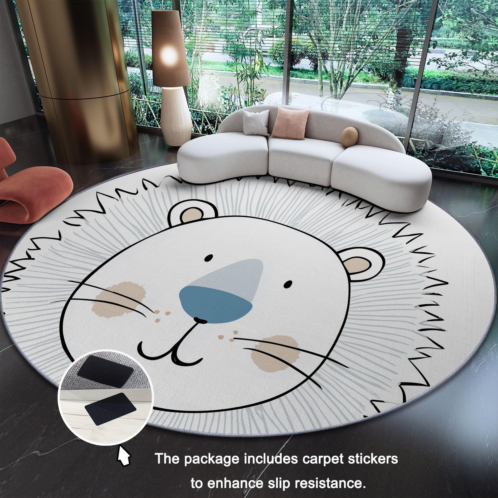 Tapis Rond Salon 120 cm Dessin Animé Lion Dessin Au Trait Animal Tapis De Sol Décoration Antidérapant pour Salon Chambre Cuisine Balcon Terrasse Salle À Manger Intérieur, Blanc
