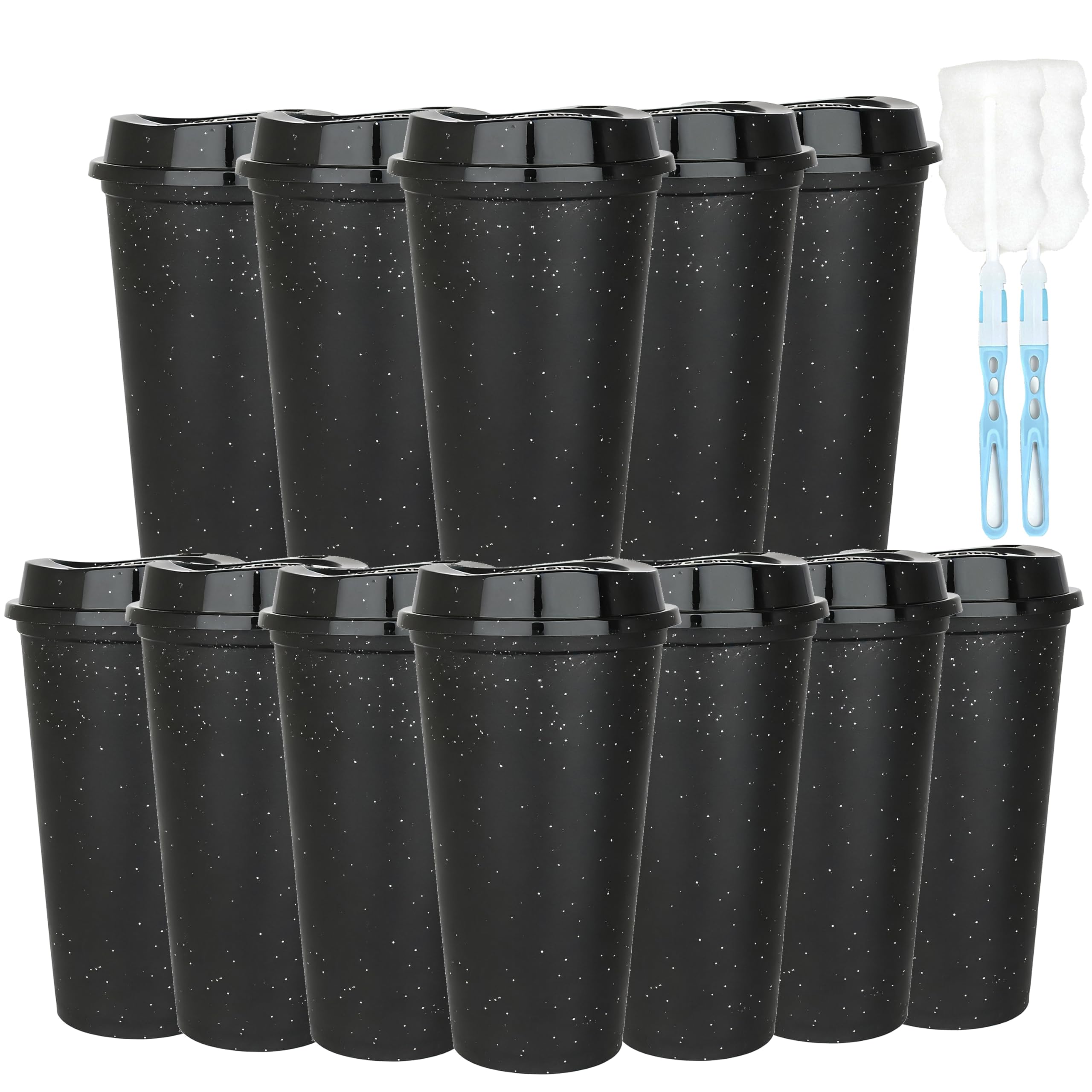 CuppaLifes 475ml Reusable Coffee Cups with Lids, 12 Pack Insulated Plastic Tumblers, Travel Mugs for Hot/Cold Drinks, Smoothie, Takeaway Cups for Adults (12, Glitter Black)