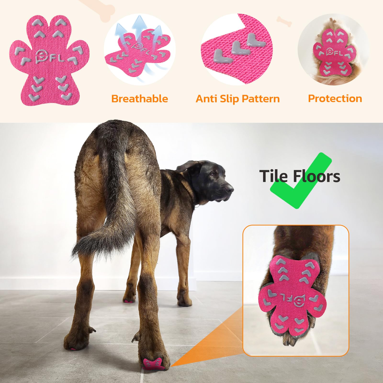 Cuscinetti antiscivolo per zampe di cane anziani, adesivi rosa con forte trazione su pavimenti in legno, Dog Essentials M (5-9 kg)