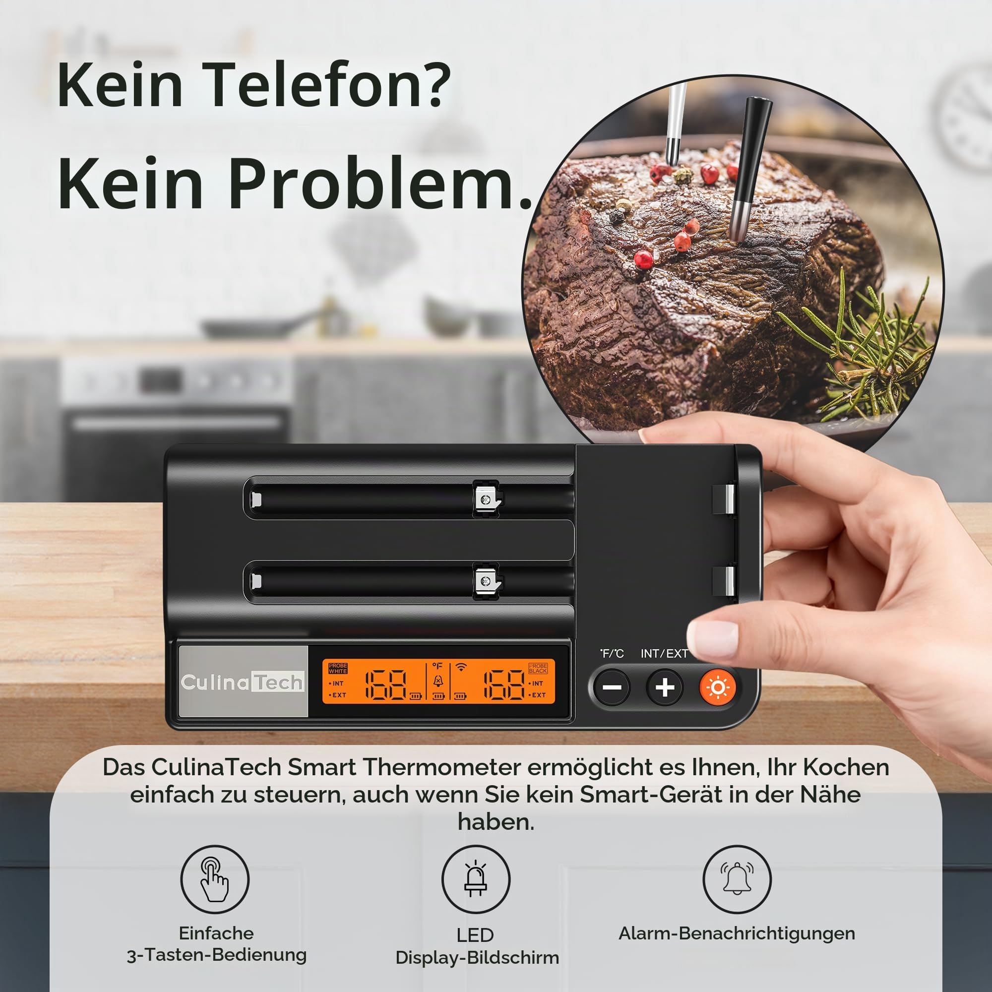 Fleischthermometer Kabellos mit Bluetooth, 2 Sonden, App-Überwachung mit Alarm, Wasserdicht, Hohe Reichweite, Multi-Sensor, Grillthermometer Smarte Fleischthermometer Kabellose für BBQ, Grill, Küche