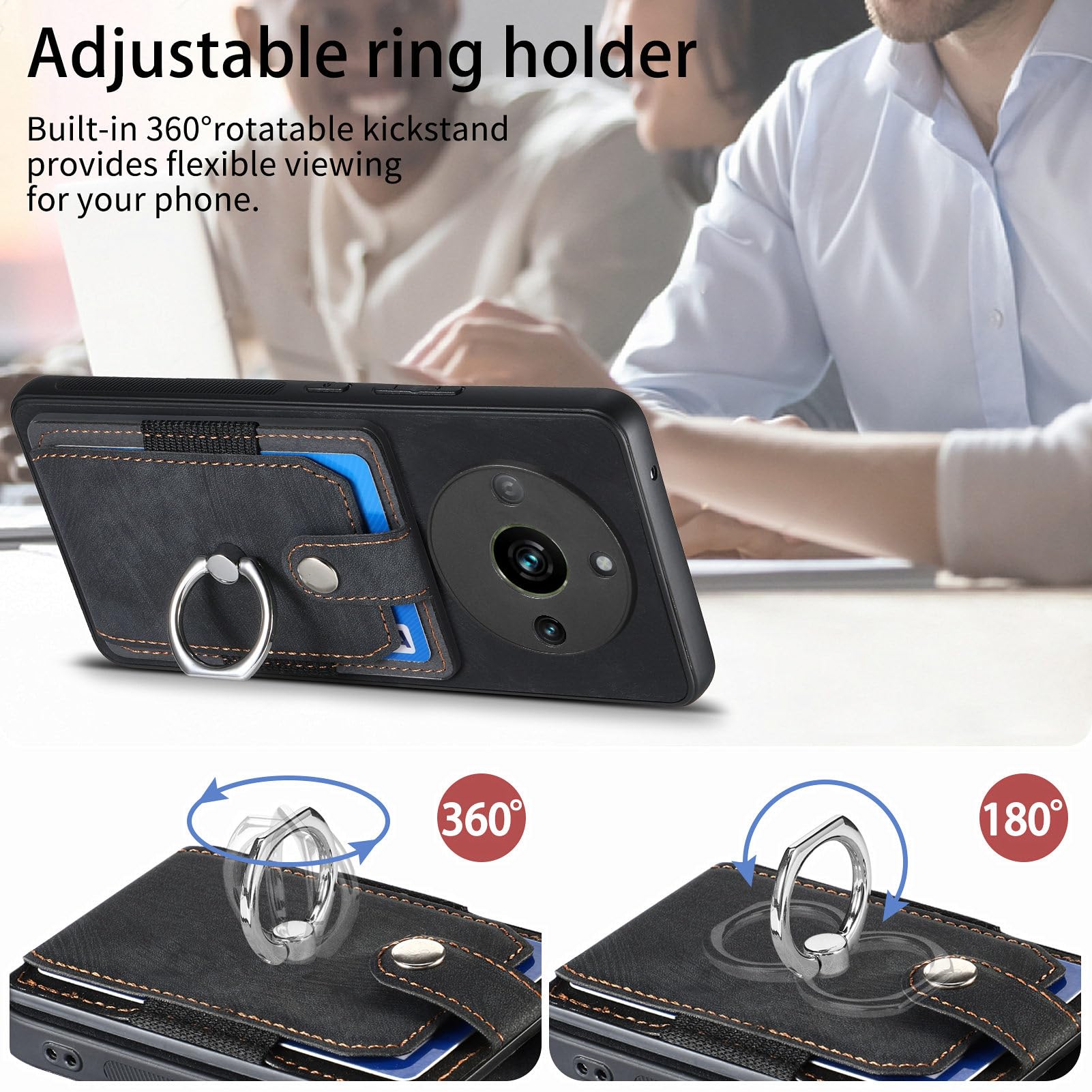 MOJIA Cover per Realme 11 PRO 5G/ Realme 11 PRO+ (Plus) 5G, Custodia Ultra Sottile Porta Carte, Copertura per Telefono in TPU, Guscio Multifunzionale con Supporto ad Anello. Nero