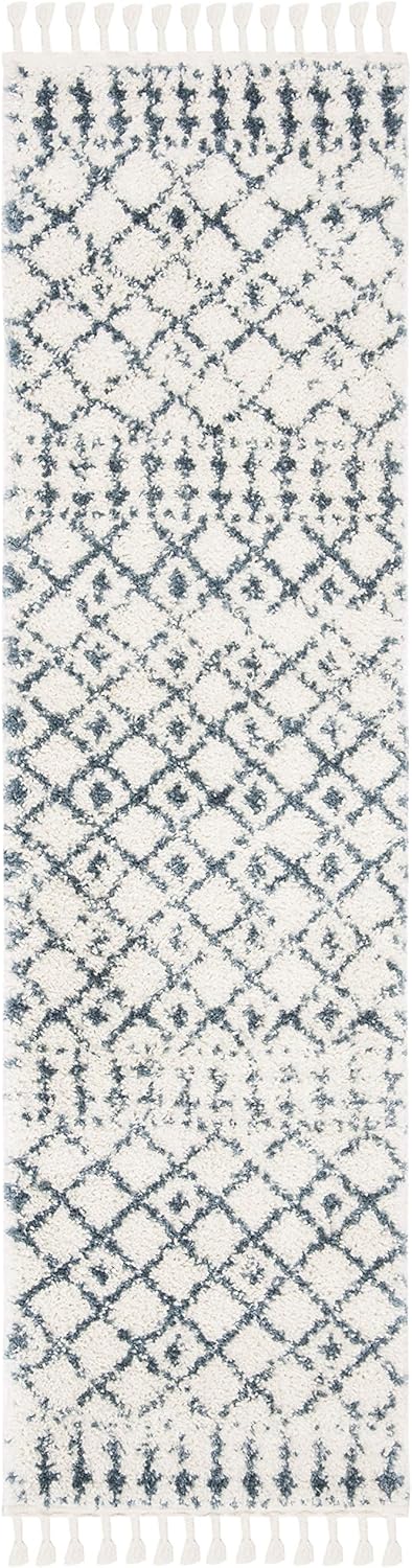 SAFAVIEH Berber Fringe Shag Collection Runner Rug - 2'2" x 12', Cream & Blue, Moroccan Design, Non-Shedding & Easy Care, 1.2-inch Thick Ideal for High Traffic Areas in Living Room, Bedroom (BFG519A)