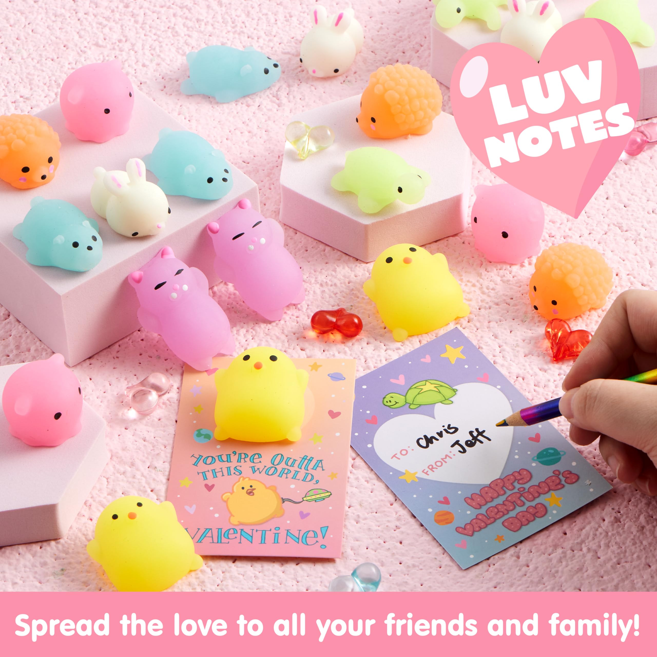 JOYIN 28 Packs Gift Cards with Mochi Squishy Toys, Kawaii Squeeze Stress Relief Fidget Toy for Kids Party Favor Classroom Exchange Prizes