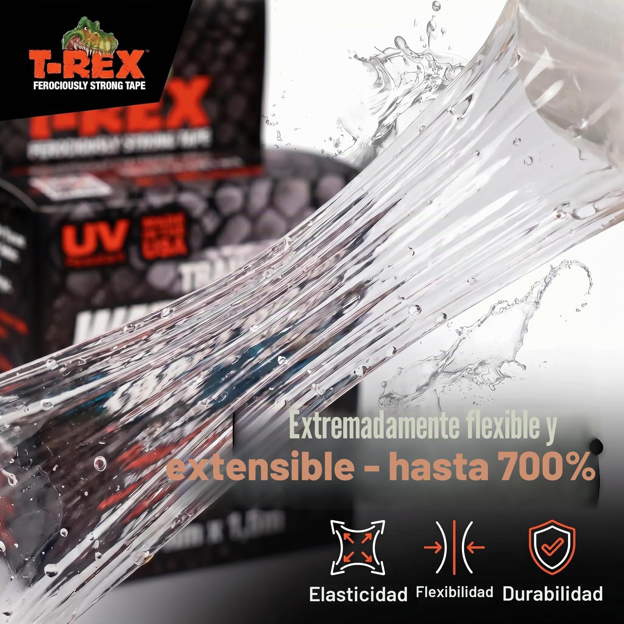 T-REX Waterproof Tape Transparent - Cinta acorazada impermeable - Cinta de sellado ideal para piscinas y exteriores - Resistente a los rayos UV y al calor - 50mm x 1,5m