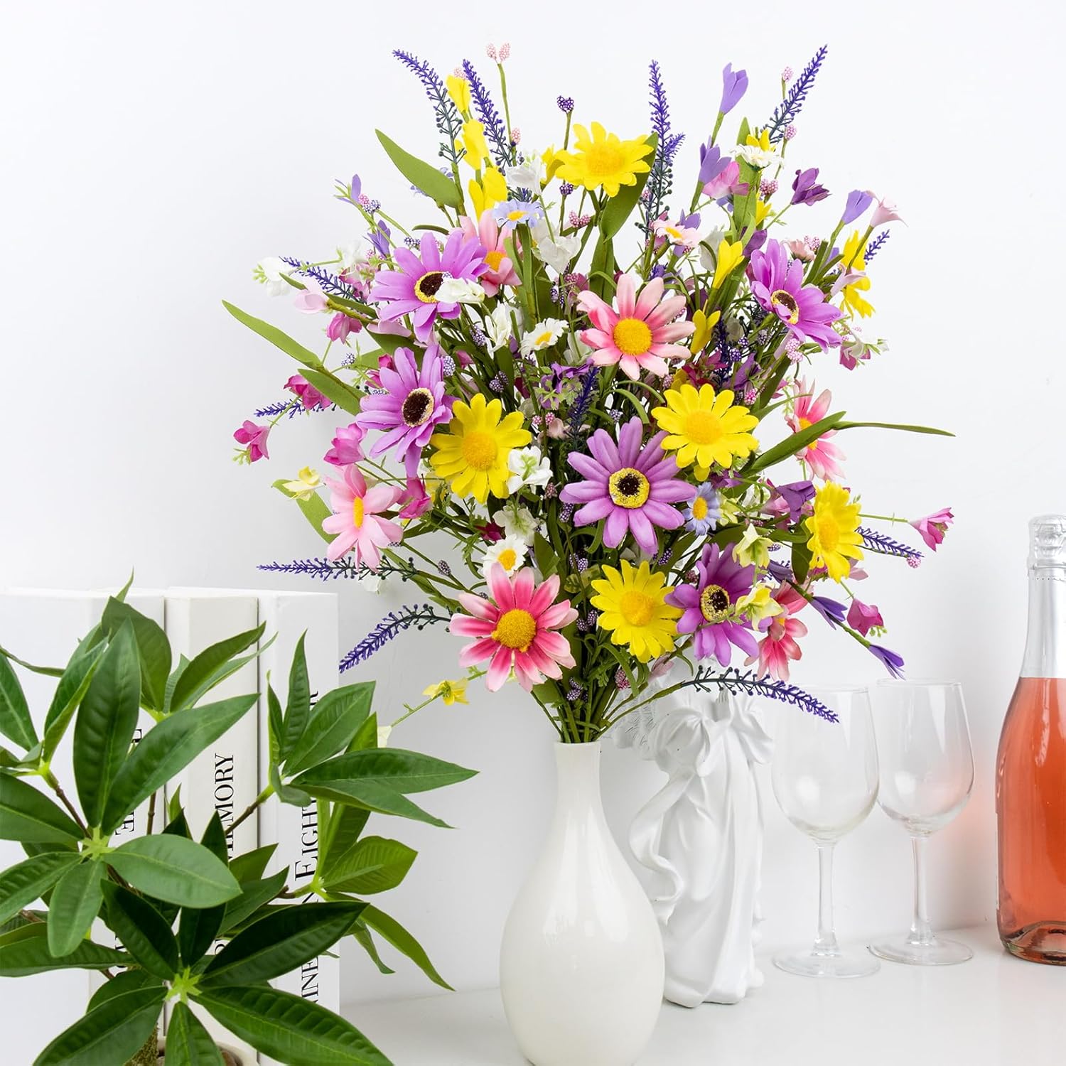 Yawwind 18 PCs Colorful Spring Flowers 17 Inches Spring Floral Stems Rustic Wildflower Bouquet Summer Flower Picks with Daisy for Vase Table Indoor Wedding Party