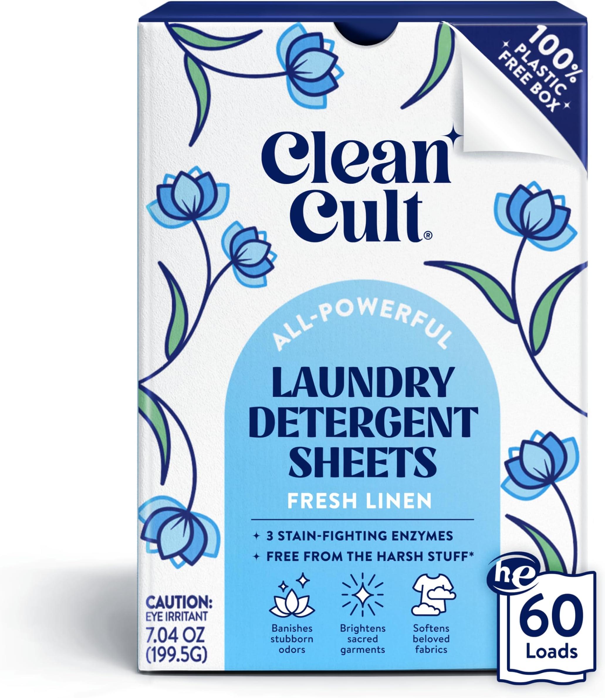 Cleancult Laundry Detergent Sheets - Resealable Box - 3 Stain Fighting Enzymes - Fresh Linen - 60 Loads - Free of Harsh Chemicals - No Mess - No Plastic Waste