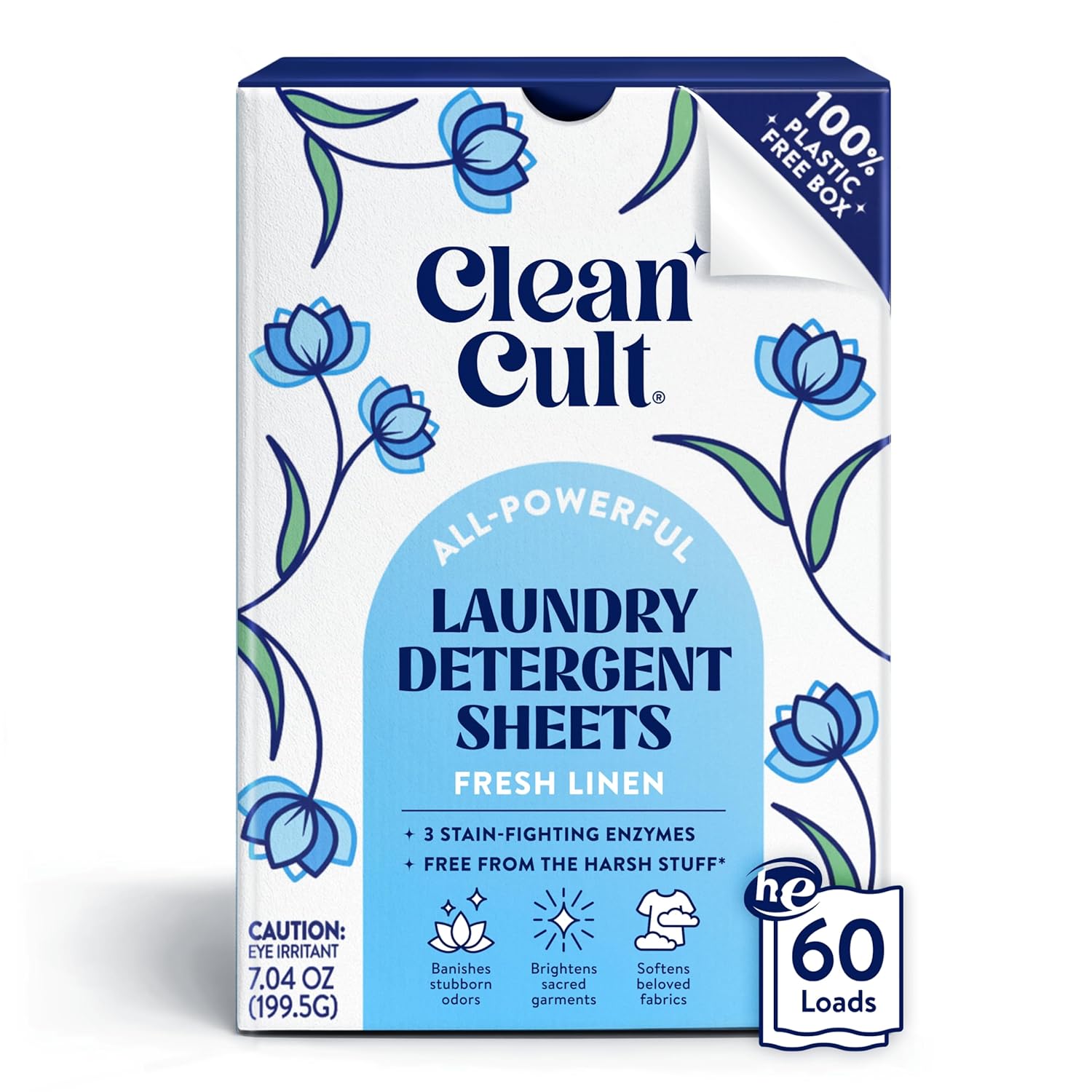 Cleancult Laundry Detergent Sheets - Resealable Box - 3 Stain Fighting Enzymes - Fresh Linen - 60 Loads - Free of Harsh Chemicals - No Mess - No Plastic Waste