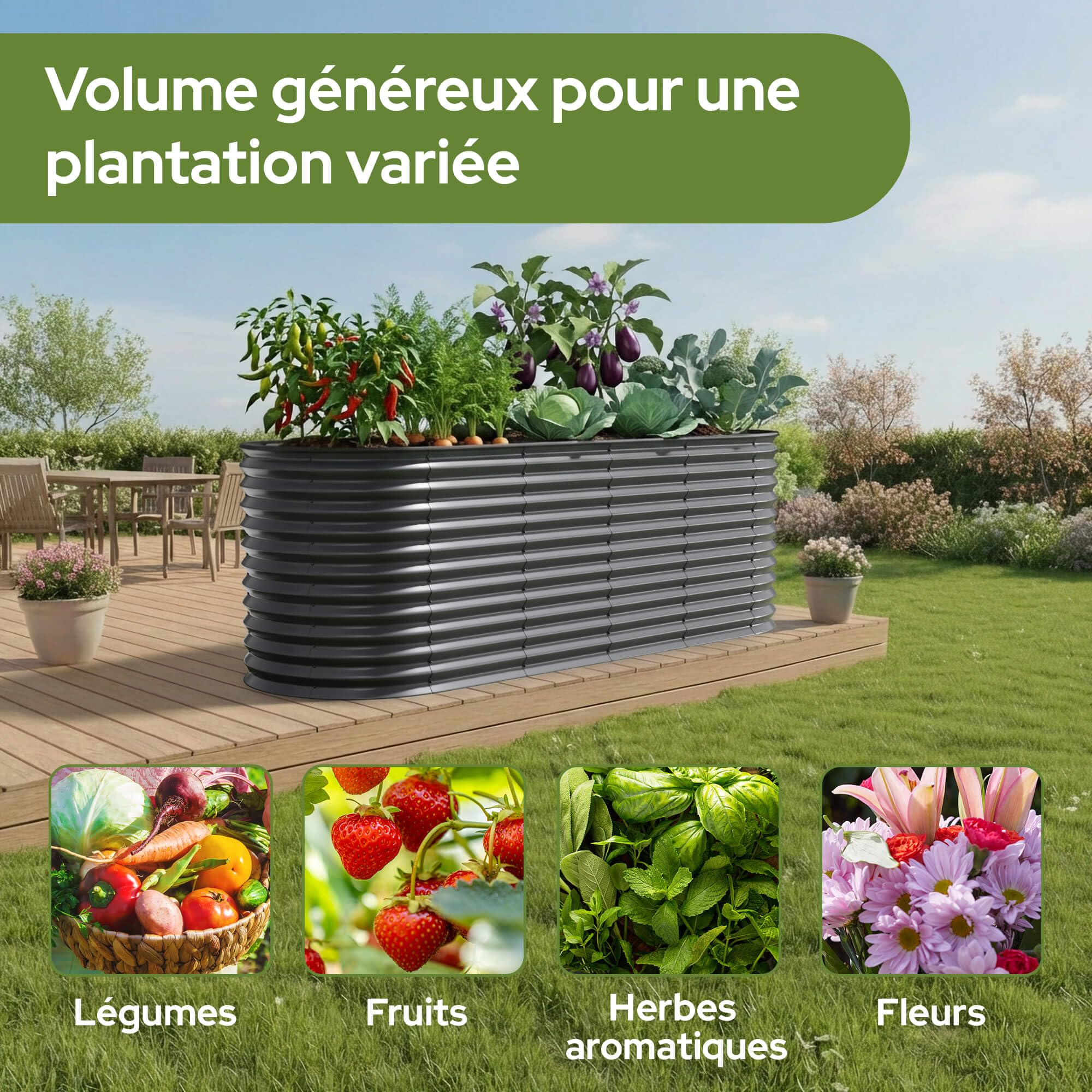 AREBOS Jardinière Surélevée Ovale 240×80×78 cm | Acier Galvanisé avec Bord en Caoutchouc 1170 L | pour Jardin, Terrasse et Balcon | Stable avec Traverses