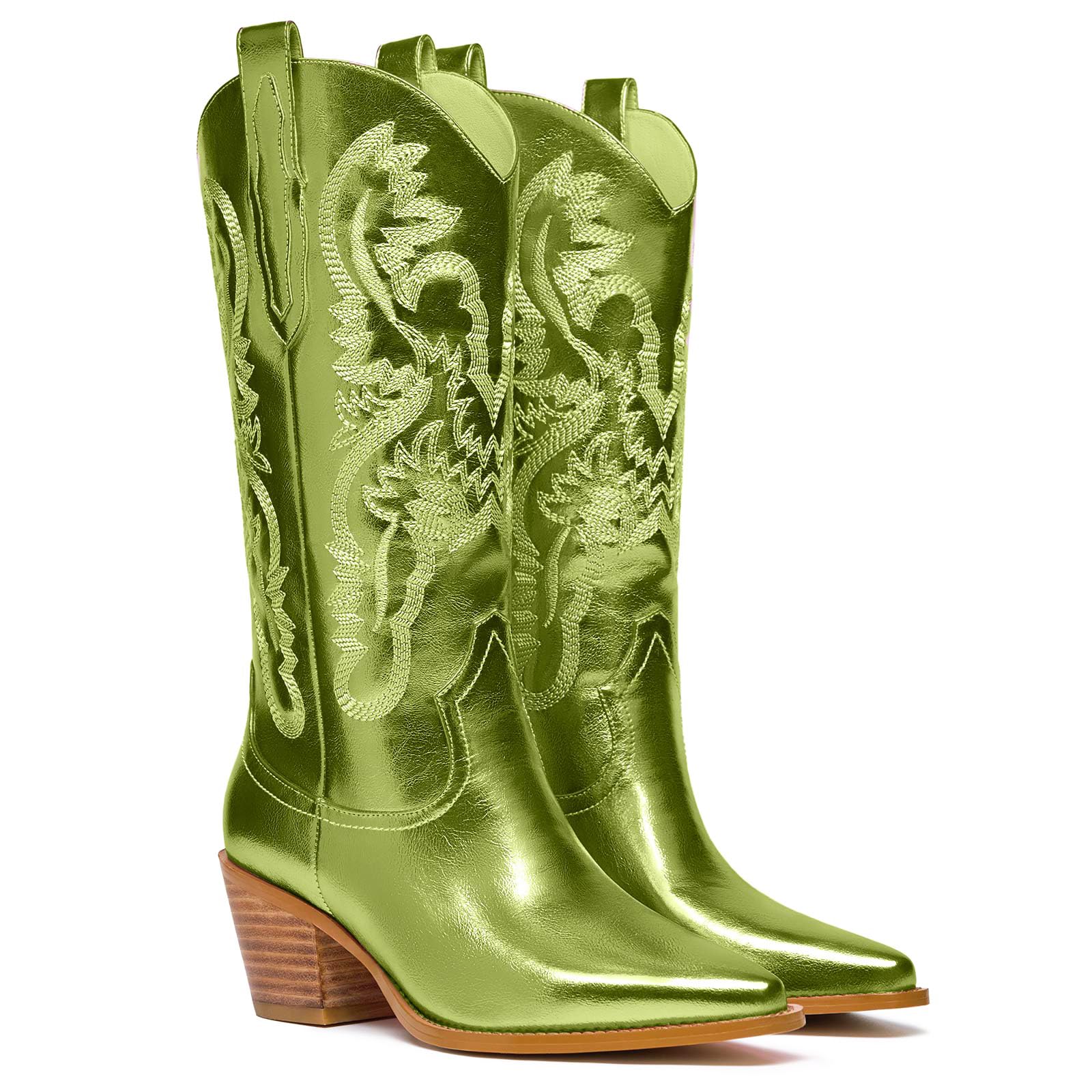 KEEISEA Women's Cowboy Boots Metallic Mid Calf Cowgirl Boots Wide Calf Western Embroidered Sparkly Paty Boots