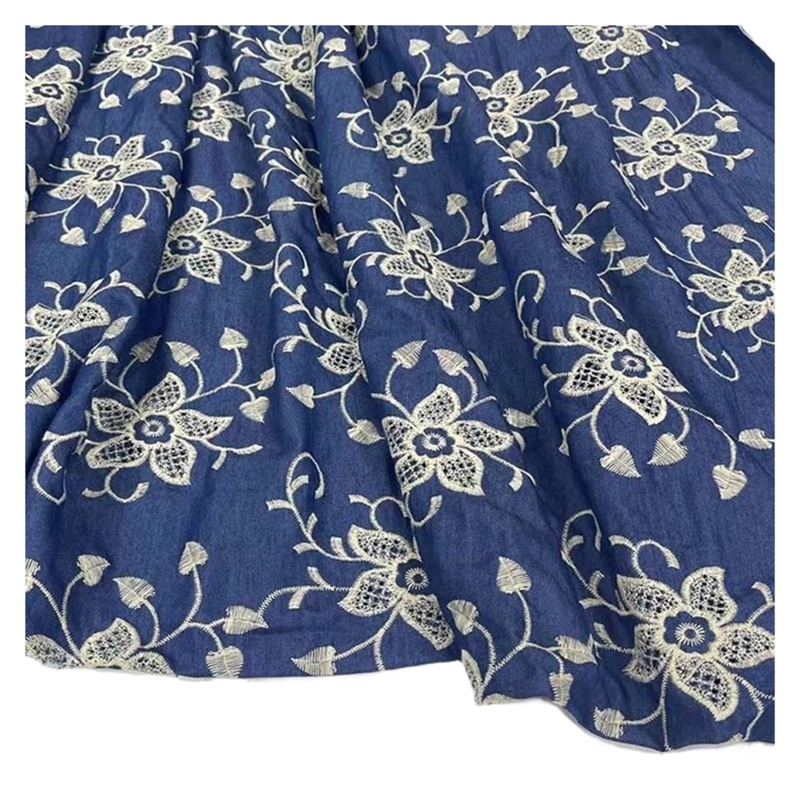 Embroidered Washed Denim Fabric Blue for Dressmaking
