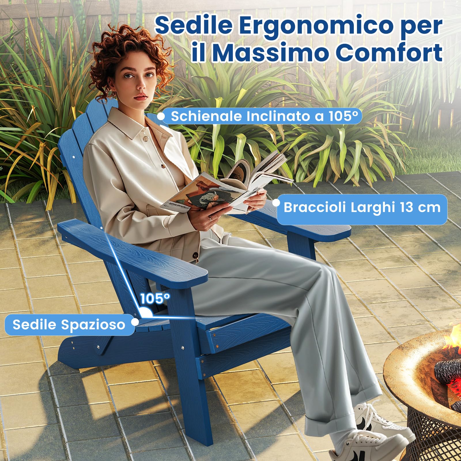RELAX4LIFE Sedia Adirondack Pieghevole, Arredo da Esterno in HDPE con Schienale Inclinato Ergonomico e Braccioli Larghi, Sedia da Esterno Resistente alle Intemperie per Giardino, Patio (Blu Navy)