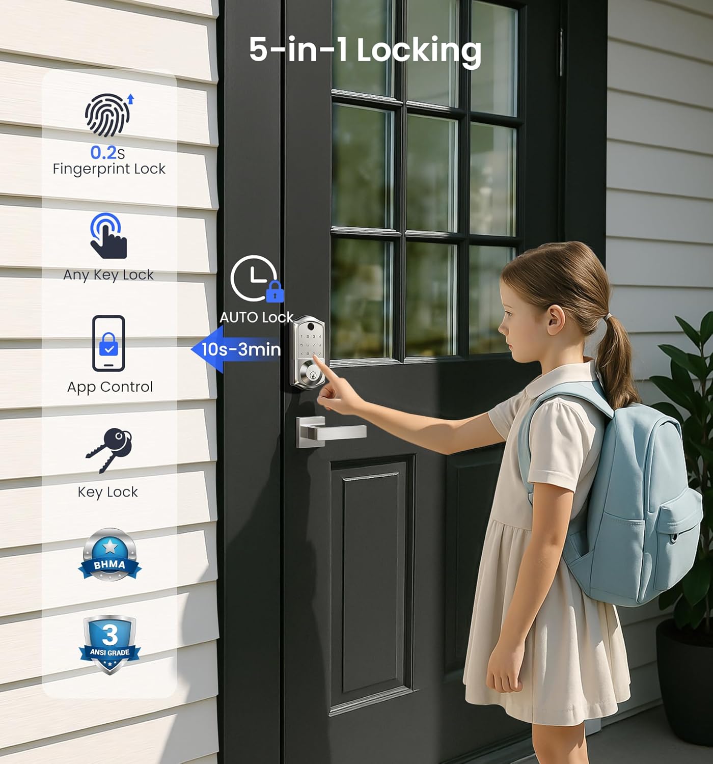 Veise VE017 Fingerprint Smart Door Lock, App Control, 7-in-1 Keyless Entry, Auto Lock, Emergency Power Port, Electronic Touchscreen Keypad, Biometric Smart Locks for Front Door, Matte Black