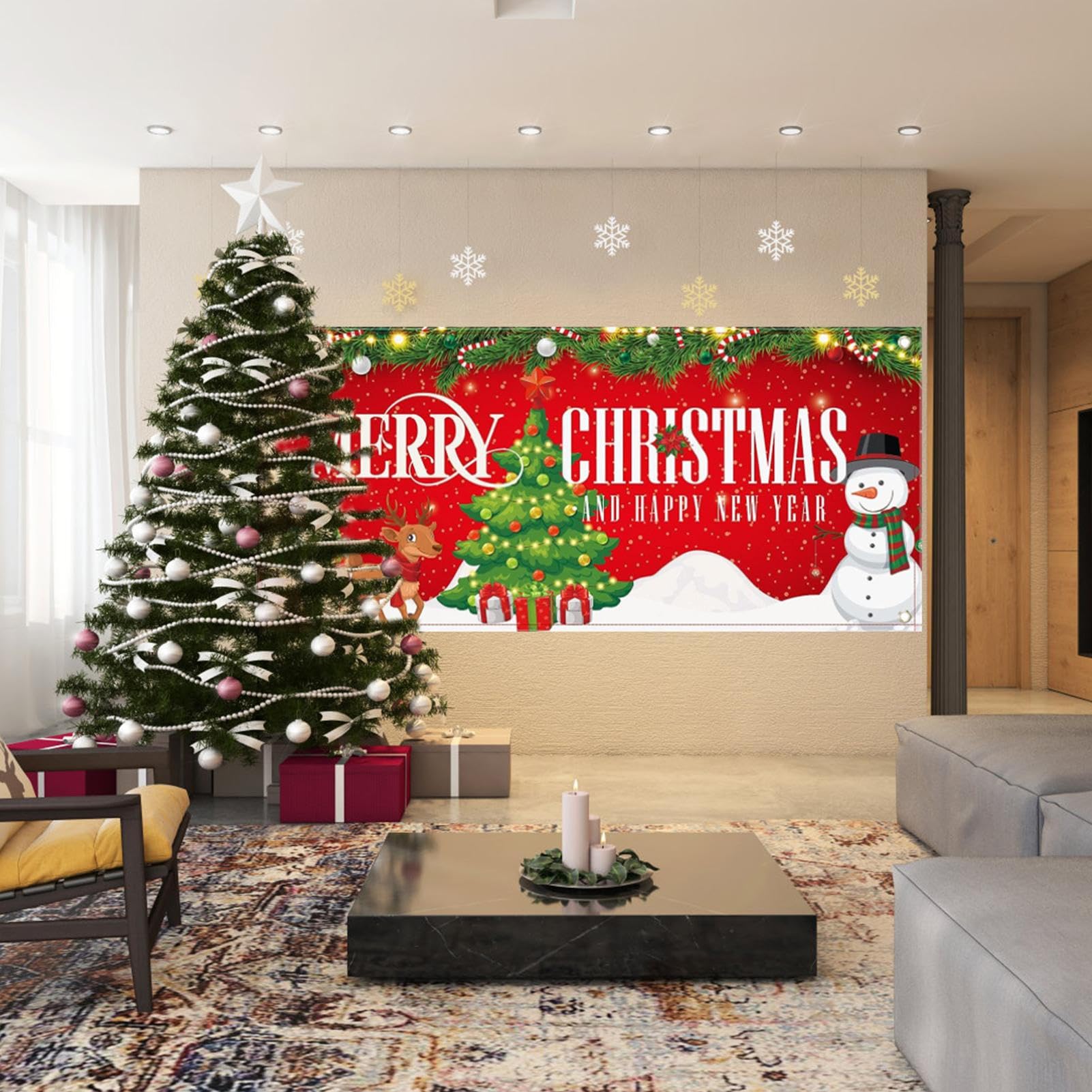 Bannière De Porte De Garage De Noël Extérieur Grande Décoration De Fond Père Noël Bonhomme De Neige Joyeux Noël Mural De Porte De Garage Pour Hiver Panneau De Fond Extérieur 6x