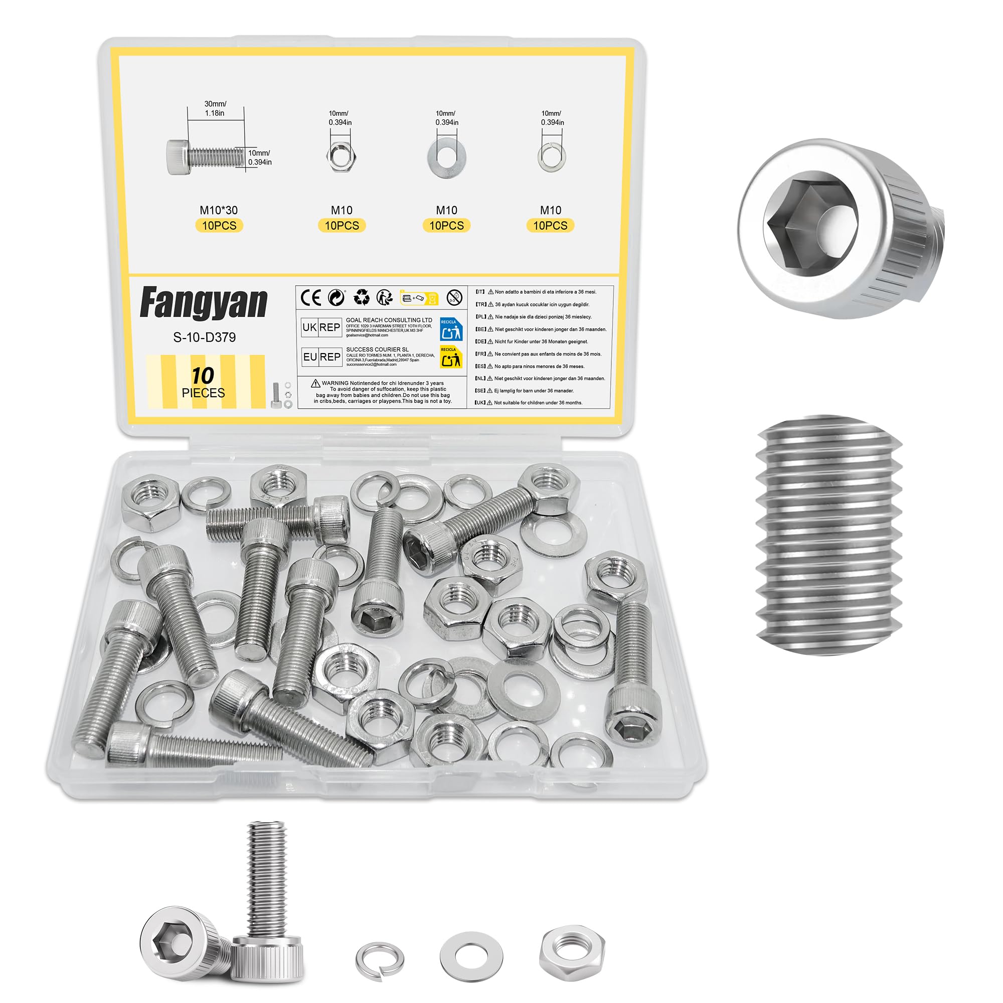 Fangyan 10 PCS 10 x 30mm Hex Socket Cap Head Bolts Set, Stainless Steel Machine Screws with Hex Nuts, Flat & Spring Washers Assortment Kit for Electronics, Small Equipment & DIY Repair