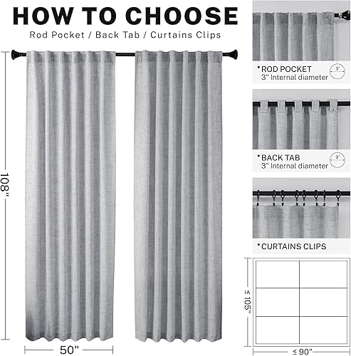 Miniatura 3 de Cortinas de lino gris con dobladillo trasero de 108 pulgadas de largo, 2 paneles para sala de estar, cortinas semitraslúcidas extralargas con