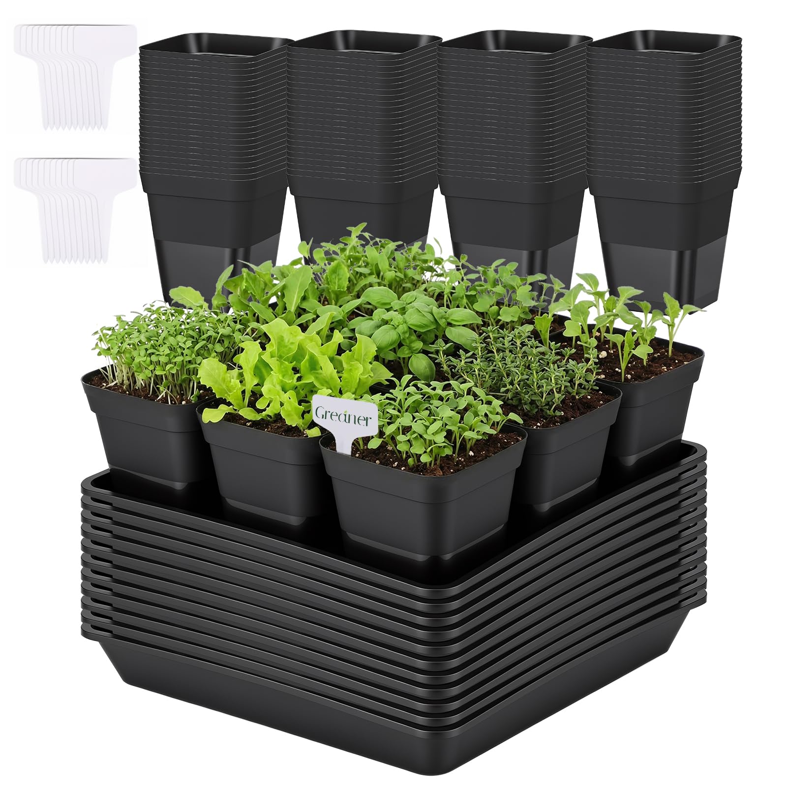 GREANER 12 Inch Sturdy Seed Tray 11PCS, 4 Inch 100PCS Flexible Square Nursery Pots with Drainage Holes, Plant Germination Trays for Plants, Succulent, Flower, 20PCS Plant Labels(Black)