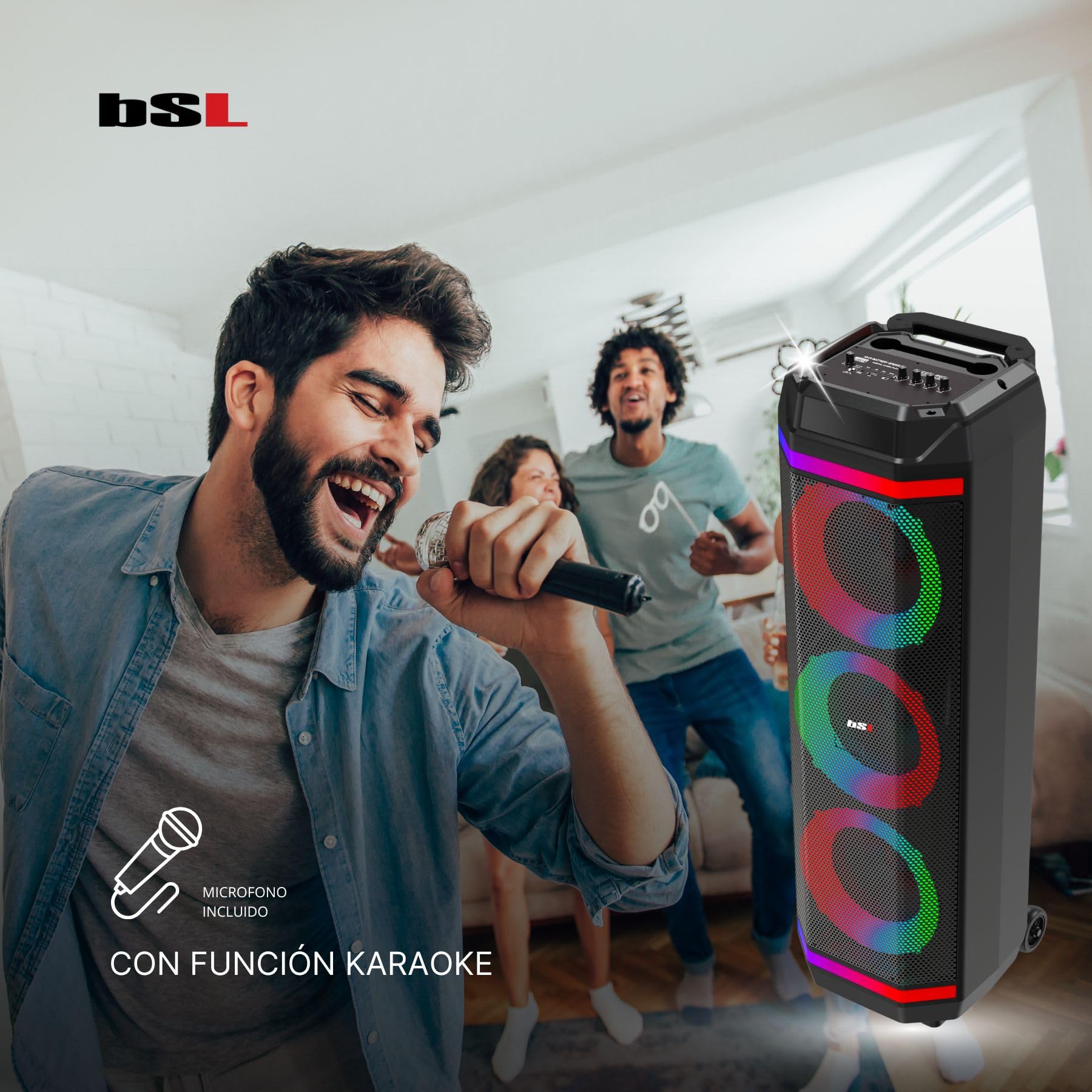 Altavoz Bluetooth BSL-S61 con iluminación en los Altavoces |3 Altavoces de 8 Pulgadas | 50W | Incluye Micrófono de Regalo | Batería de 3600 mAh | Radio FM y Reproductor MP3 vía USB | Carga USB-C