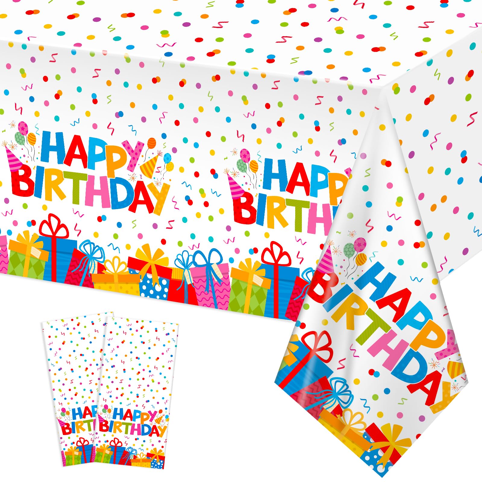 NatNarr 2 Pack Plastic Birthday Tablecloth, 137 X 274cm Disposable PE Happy Birthday Tablecloth Waterproof Rectangle Table Cover for Birthday Party Decorations