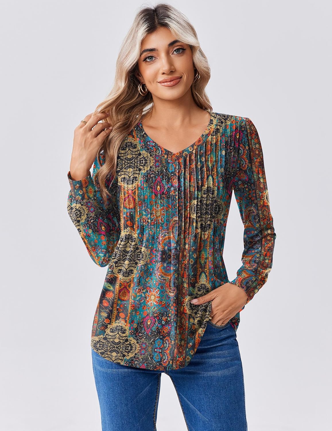Zeagoo Long Sleeve Shirts for Women Casual V Neck Top Pleated Floral Boho Blouses 2026 Fall Tunics - Image 3