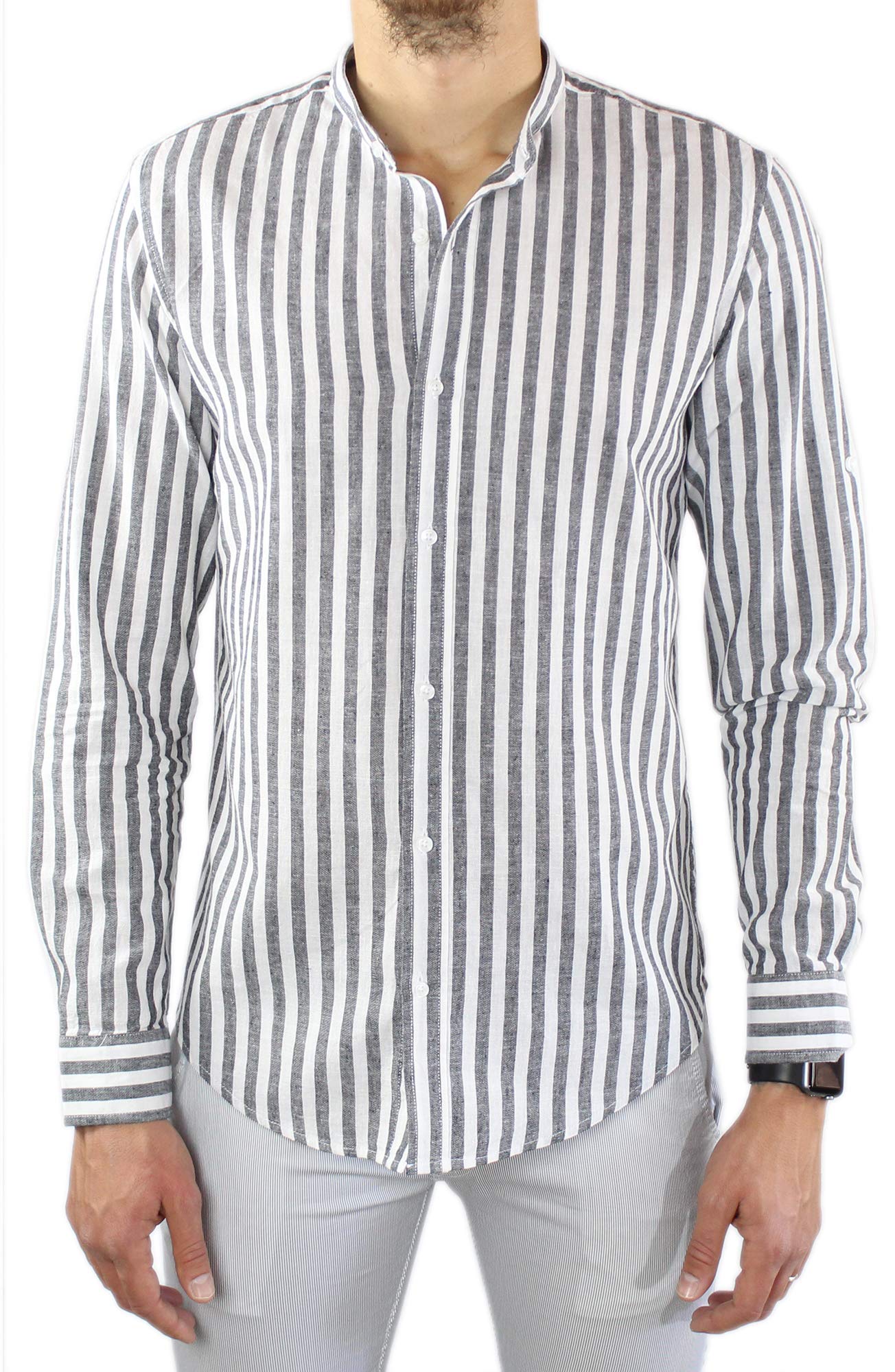 Camisa de lino para hombre Coreana a rayas negras de 100% lino Slim Fit elegante de manga larga a rayas